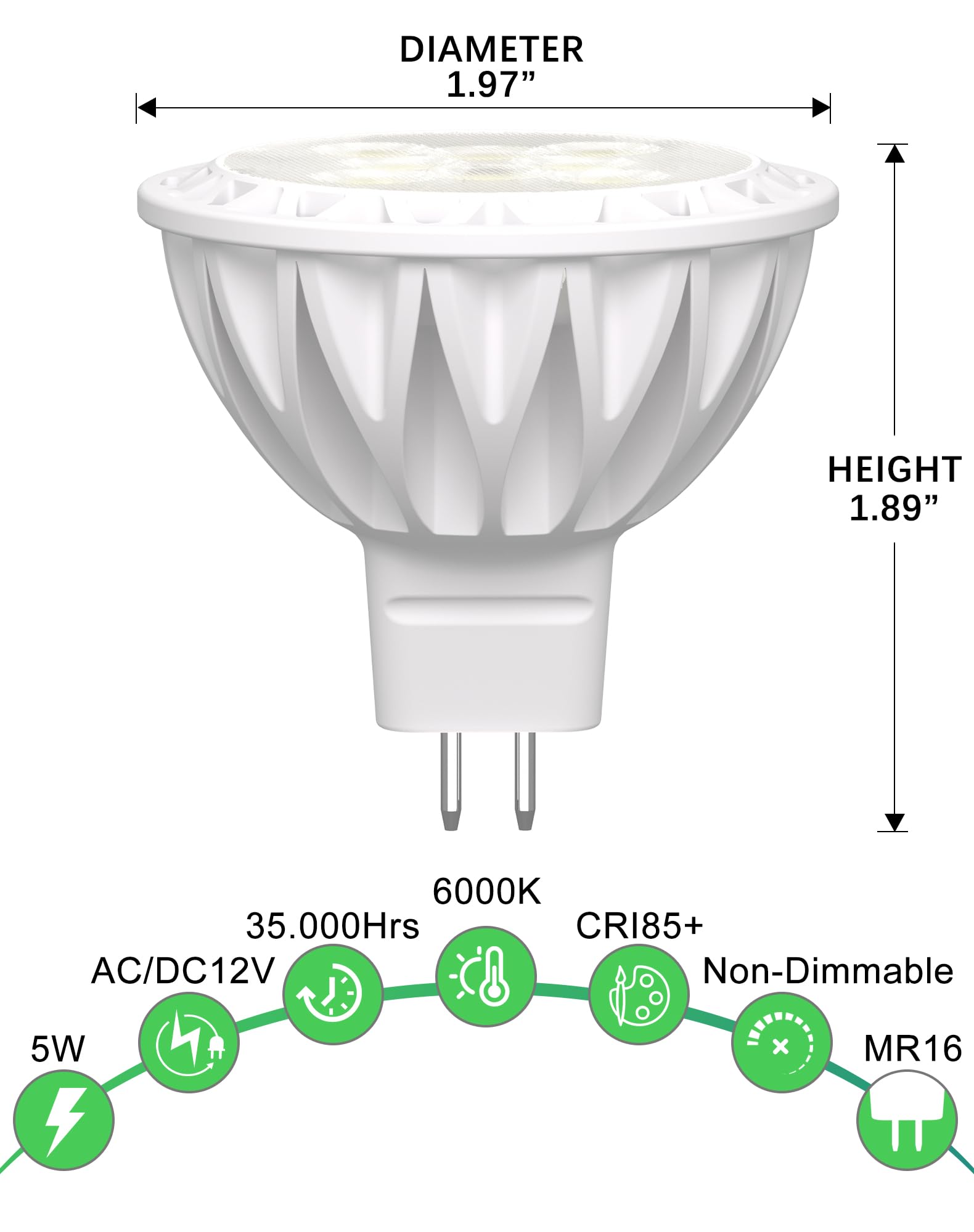 Gohdlamp Mr16 Led Bulbs 12-Pack 6000K Cool White 5W Gu5.3 Spotlight Bulb  Non-Dimmable 38?Beam Angle For Landscape  Recessed  Track Lighting Commercial Security & High Bay Lighting
