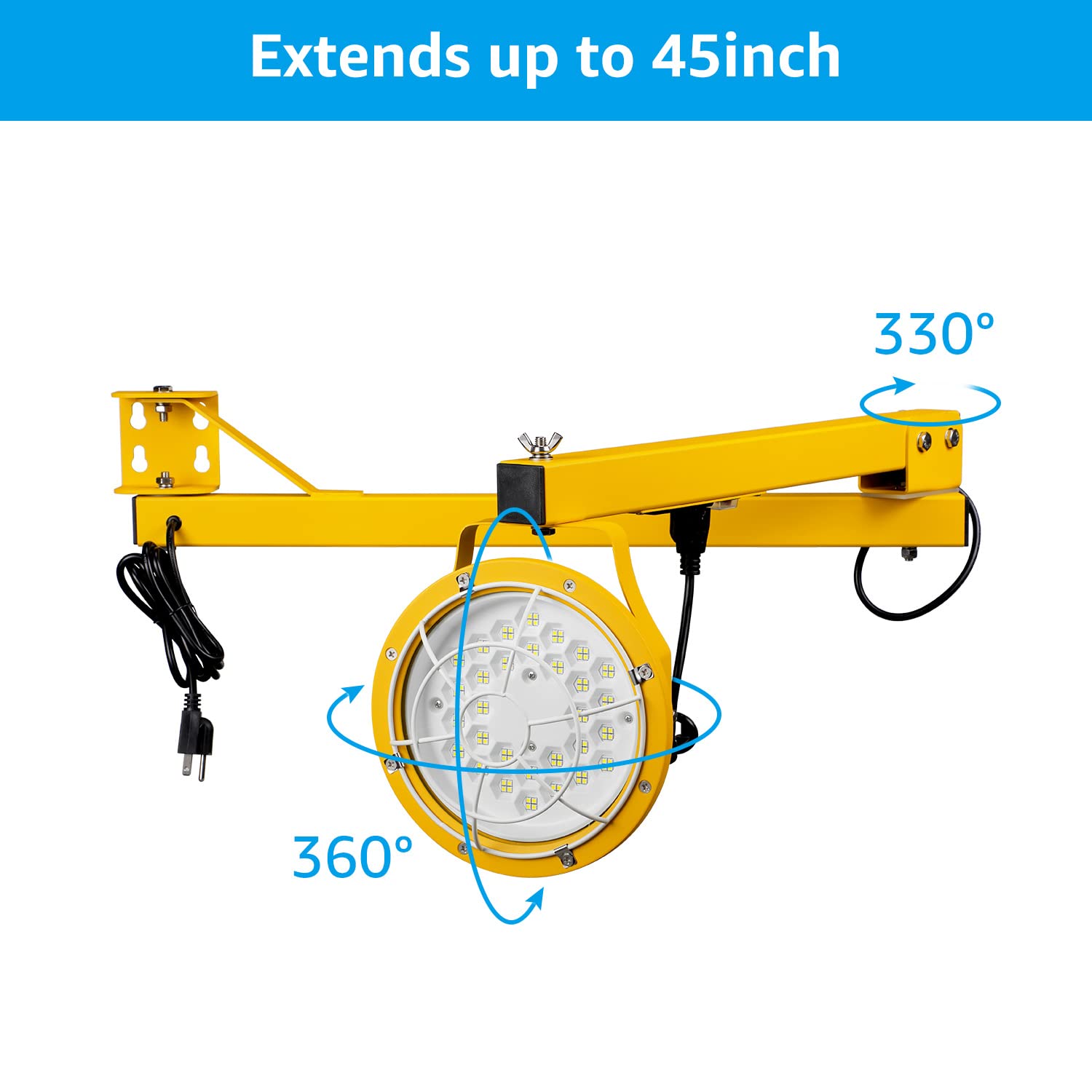LEONLITE 50W LED Dock Lights, 45 Inch Double Swing Arm, 360° Rotatable, Metal, Yellow, Model SY9DKL-50W57YLO, IP