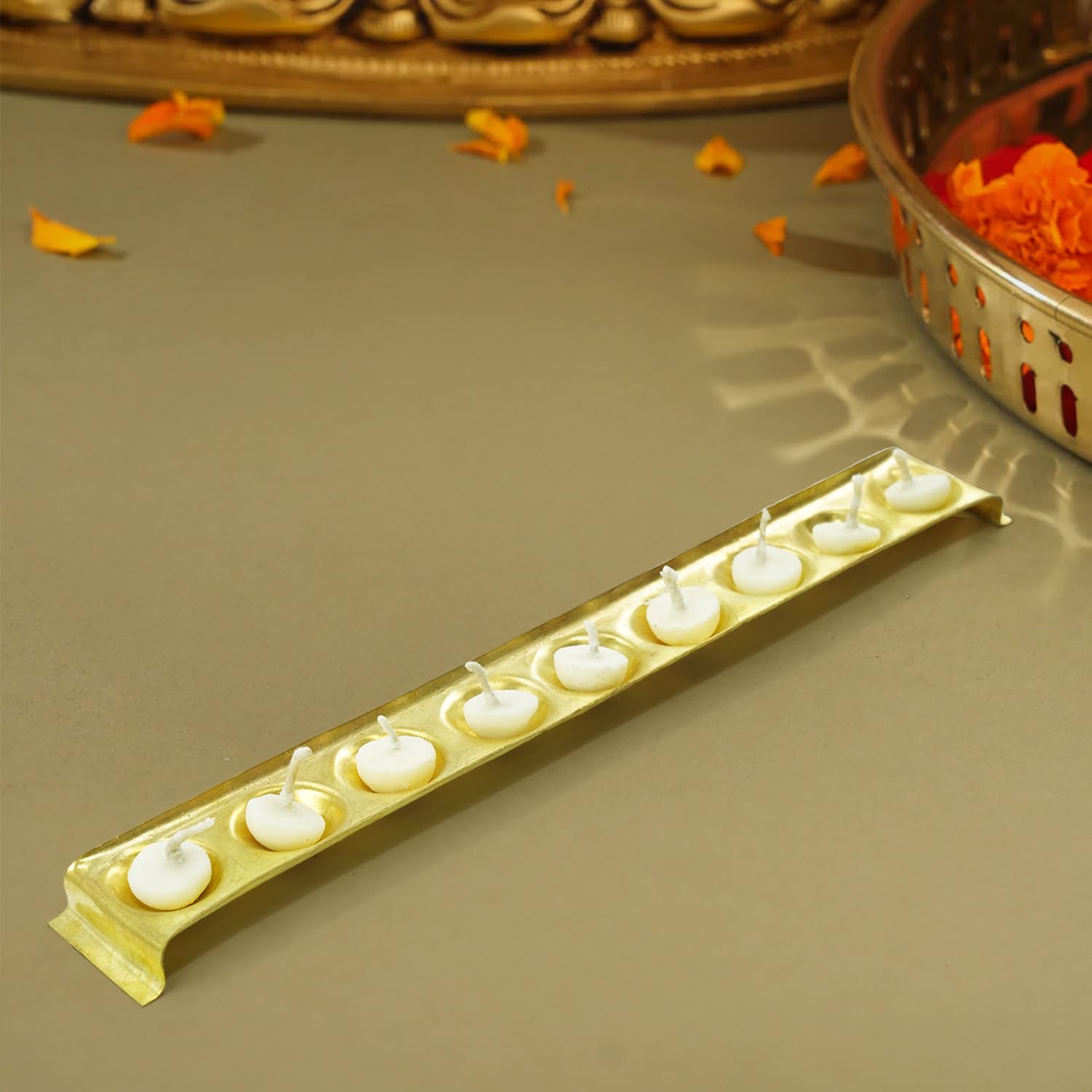 PujaNPujari Rectangle Design Long Brass Ghee Diya Holder for Pooja Room (Length : 42 CM)