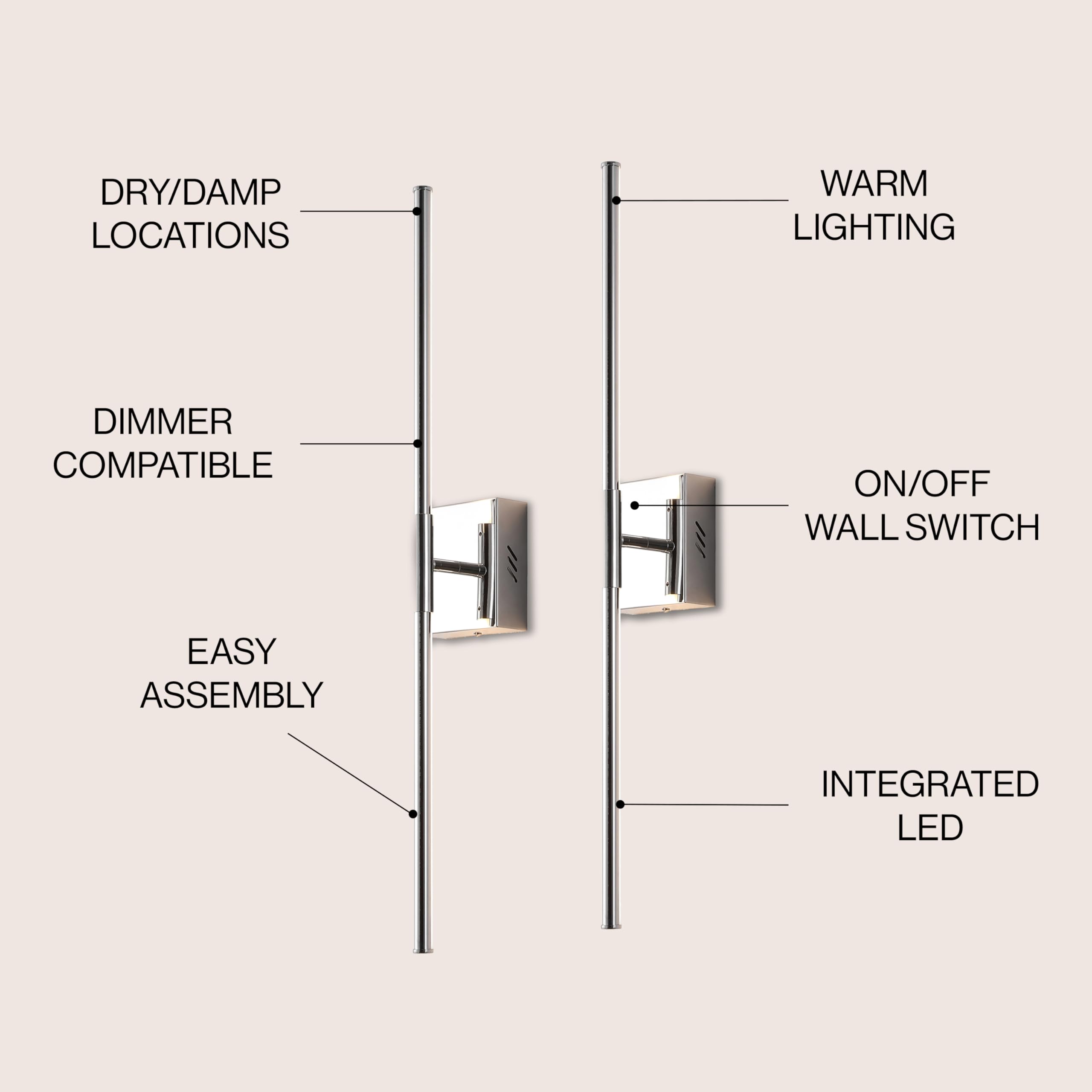 Jonathan Y Jyl7022A-Set2 Makena 28'' Modern Minimalist Dimmable Integrated Led Metal Wall Sconce, Chrome (Set Of 2) For Bedroom,
