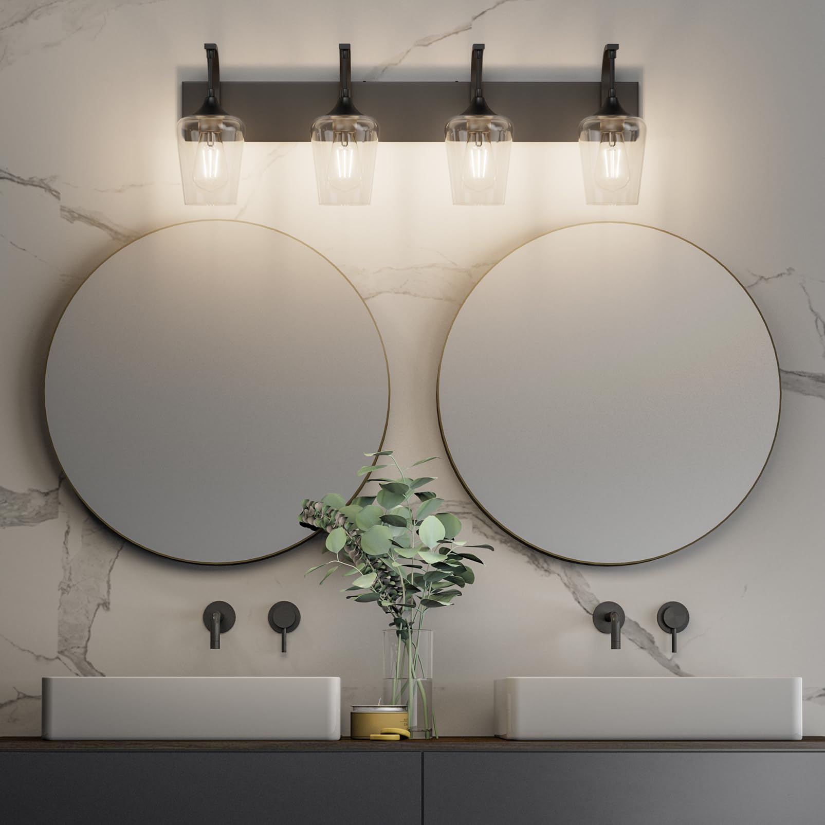 Ralbay Matte Black Bathroom Vanity Light 4-Lights Industrial Clear Glass 33 inch Metal Fixture Model 1131rablay