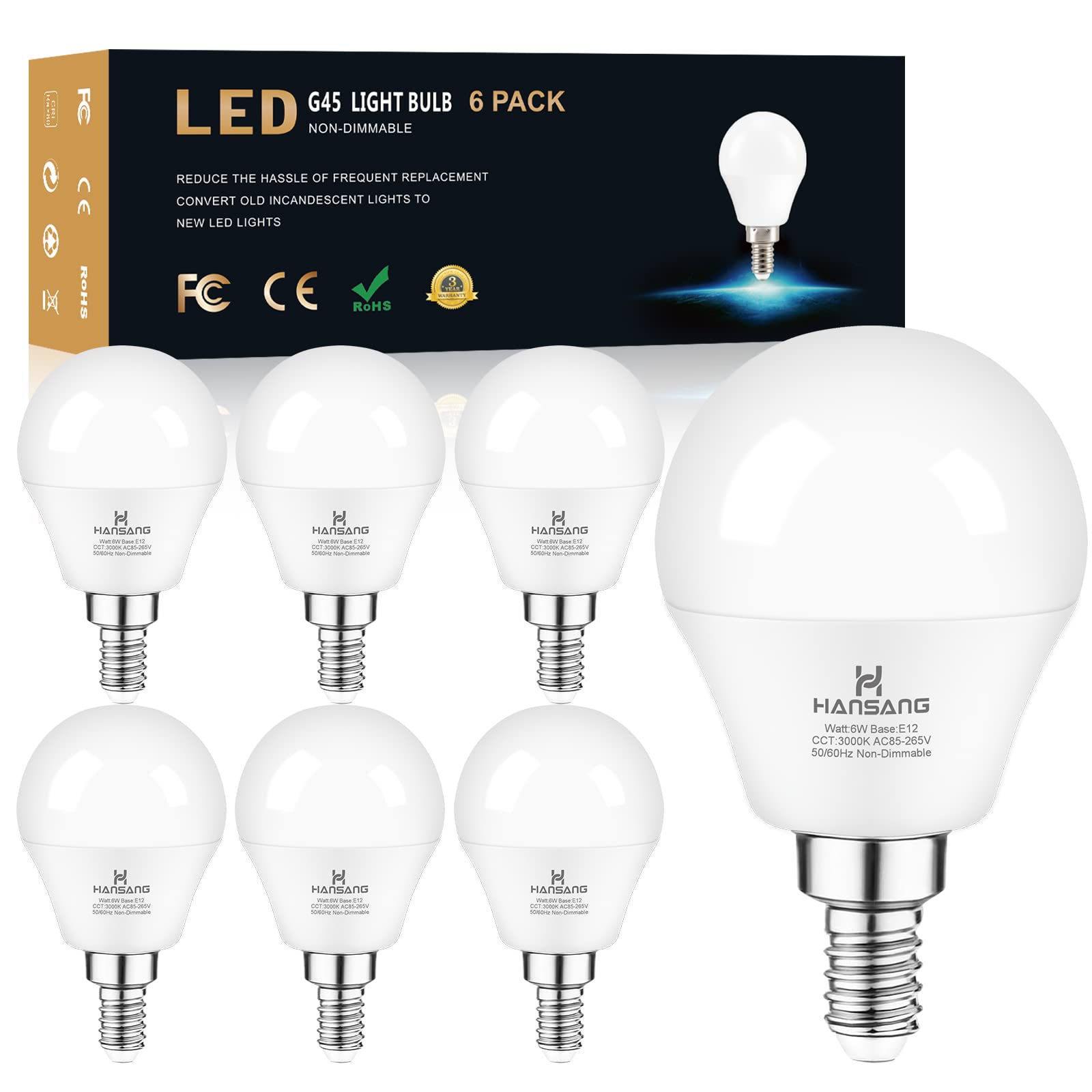 hansang E12 Base LED Candelabra Bulbs 3000K Warm White 6W 6 Pack