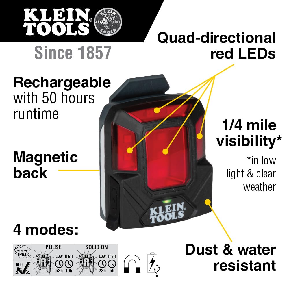 Klein Tools Rechargeable Safety Light 56063 - Red, Magnet Mount, ABS Material for Hard Hats and Safety Helmets