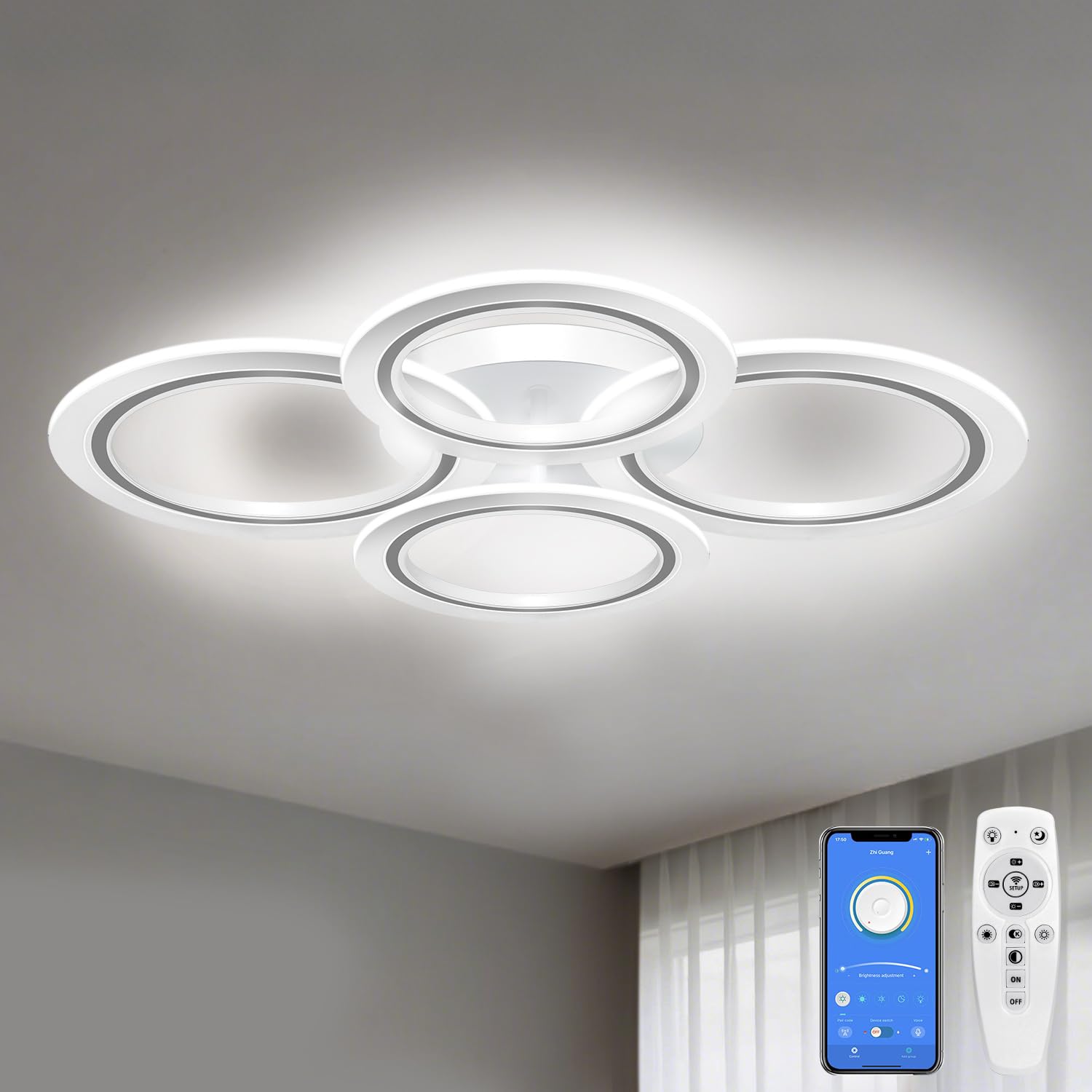 MARYRAIN LED Ceiling Light, 23-Inch, 3348LM, Adjustable Brightness, Remote & APP Control, Acrylic, 4 Circles, Model MR202492304