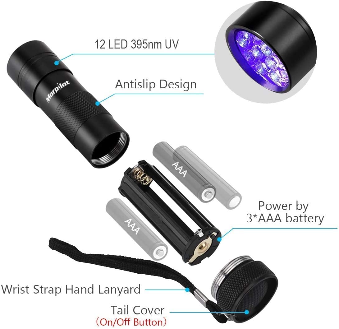 Morpilot UV Flashlight, 12 LED 395nm, 2 Pack, Black, Aluminum, Model 2061023, Mini Torch Light for Pet Urine Detection