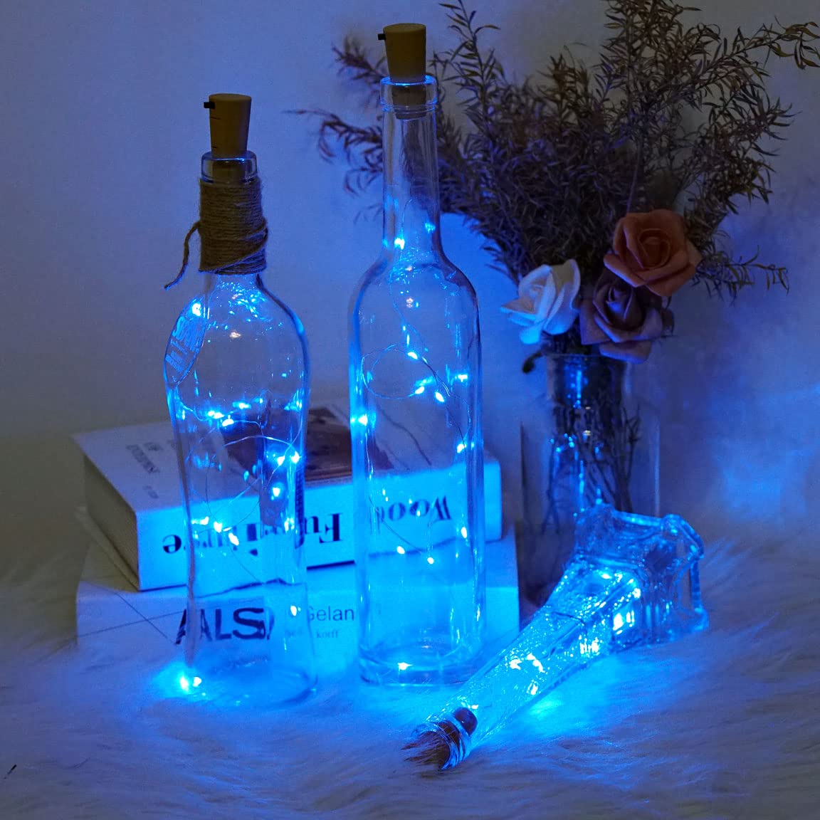 SmilingTown Wine Bottle Cork Lights 15 Pack 10 LED Mini String Lights 40 Inches Battery Operated Copper Wire Blue