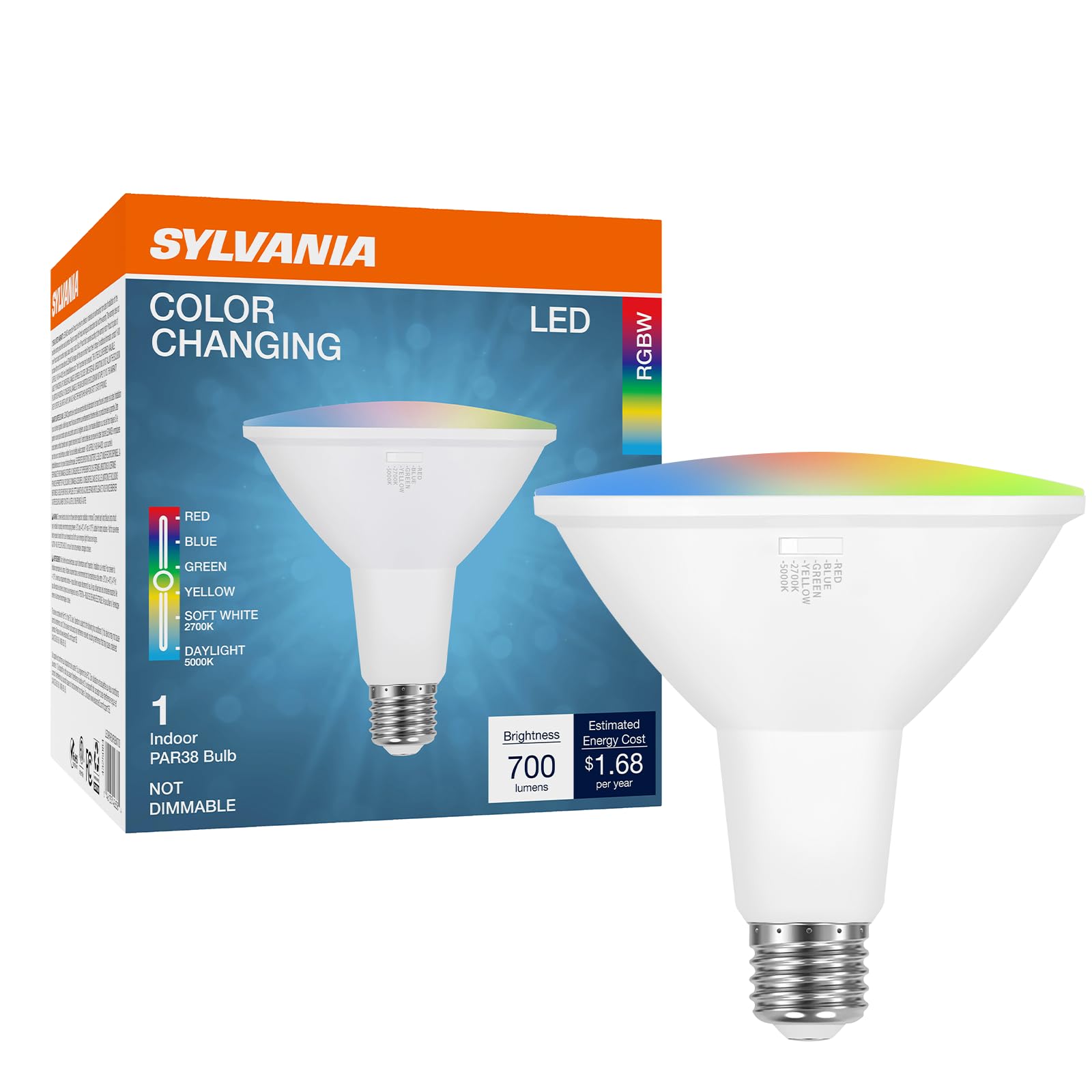 Sylvania LED Color Changing Light Bulb, Red/Blue/Green/Yellow/White, 2700K/5000K, RGBW Colored Light Bulbs, 9W, PAR38, E26 Mediu