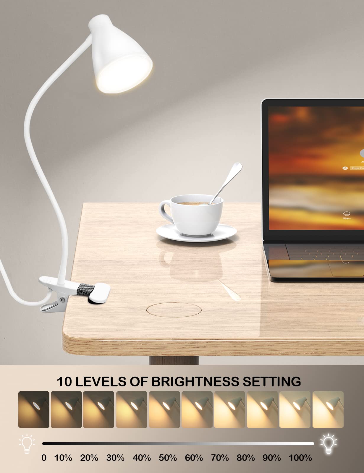 BOHON Clamp Lamp Reading Light, 10W, 38 LED, 3 Color Modes, 10 Brightness Levels, Flexible Gooseneck, White, Model WDL10W