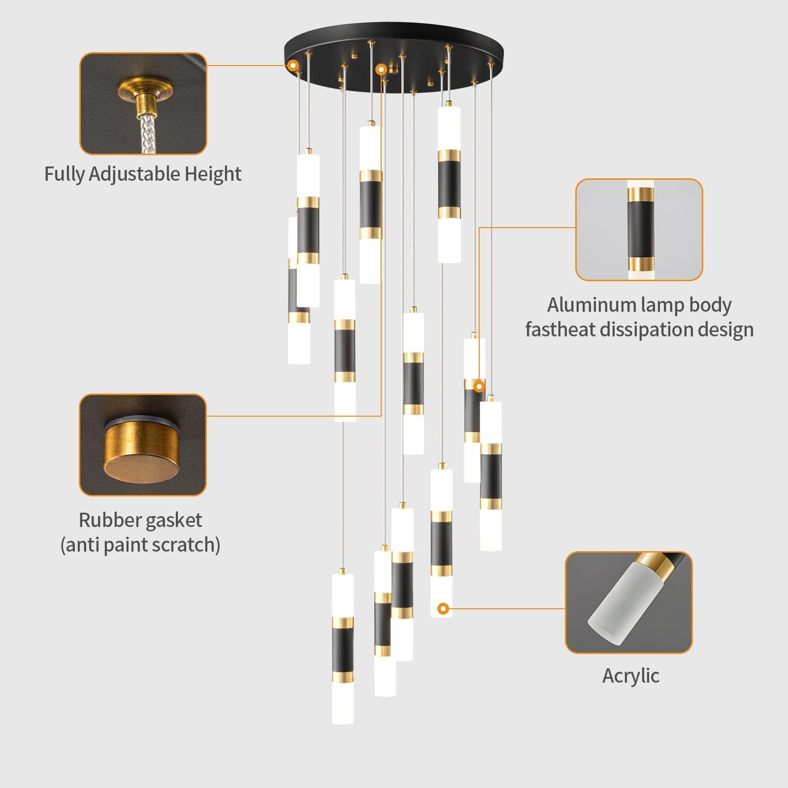 Liangmh Modern Kitchen Island Black Gold Ceiling Pendant Light Dimmable Led 72W Staircase Large Chandelier Lobby Bedroom Living