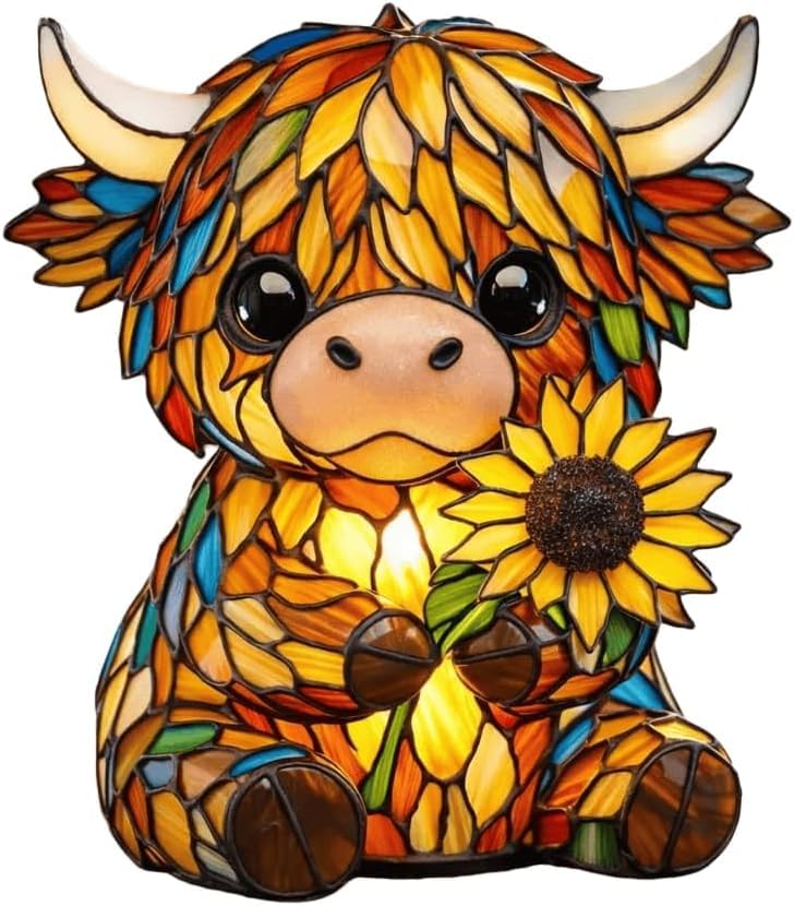 Handcrafted Sunflower Highland Cow Lamp, Stained Glass Highland Cow Night Lamp, 3D Animal Night Light for Home Office Bedroom Li