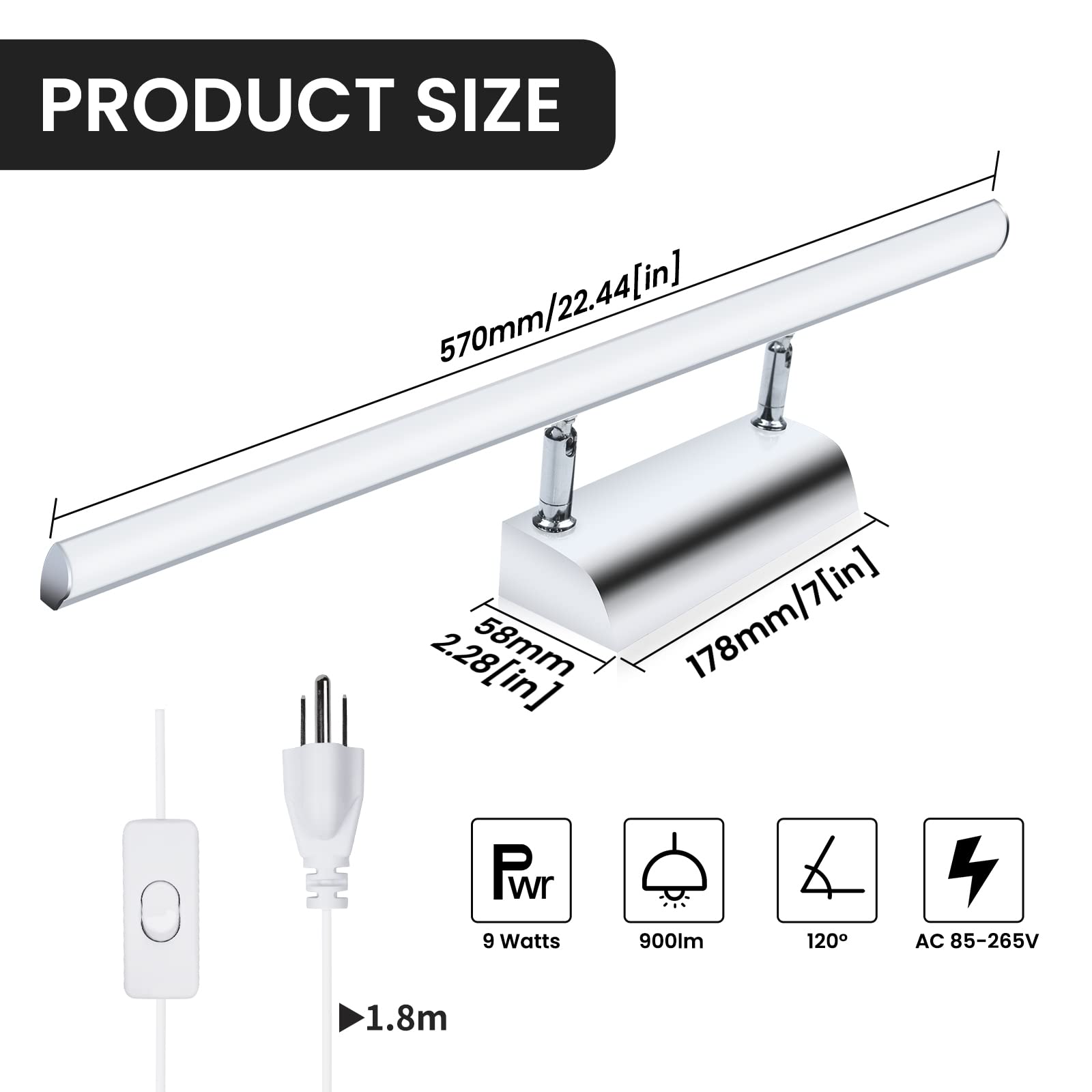 Bonlux LED Bathroom Vanity Mirror Lighting, 22" 9W Stainless Steel, Daylight 6000K, Modern Design for Dressing Room & Wall Sconce