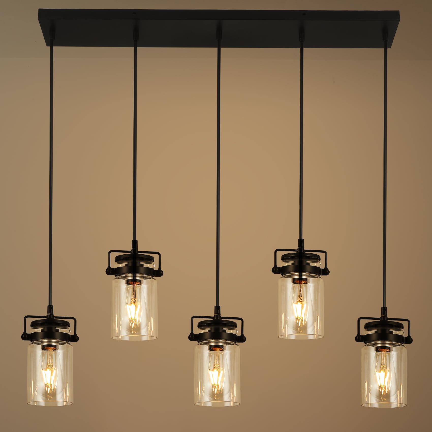 foucasal Pendant Lighting for Kitchen Island, Dining Room Light Fixture Black, 5-Light Hanging Linear Chandeliers with Clear Gla