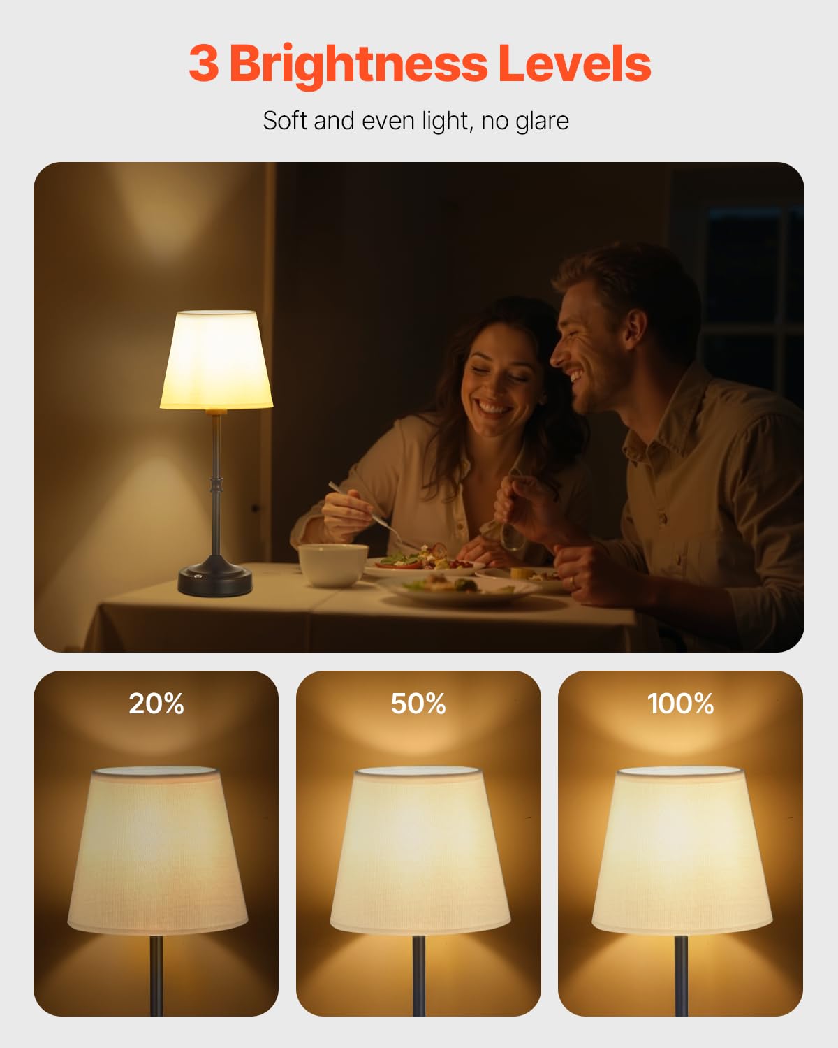 VEVOR Cordless Table Lamp, 5200mAh Battery, 3-Level Brightness, Fabric Shade, Black, Model T50