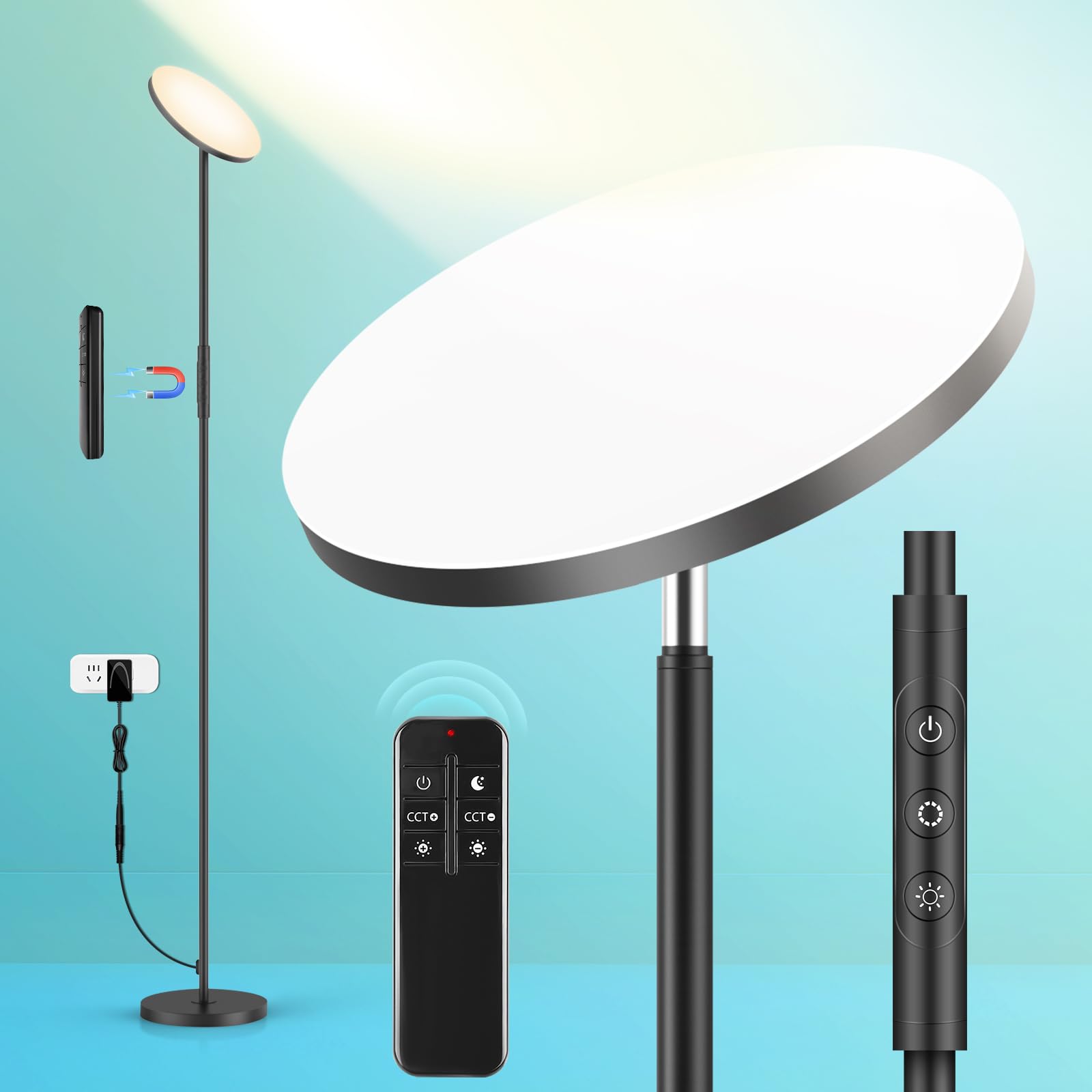 LED Floor Lamp, 3000LM 30W Super Bright Standing Lamp, 300W Equivalent Modern Torchiere Sky Lamp, 2700K-6500K Stepless Dimming w
