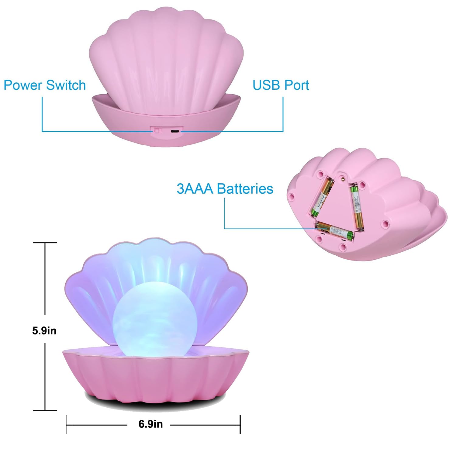 LKUA Pink Shell Pearl Night Light, RGB 8 Colors Changing LED Mood Lamp, Portable Clamshell Bedside Light for Home & Bar Decor