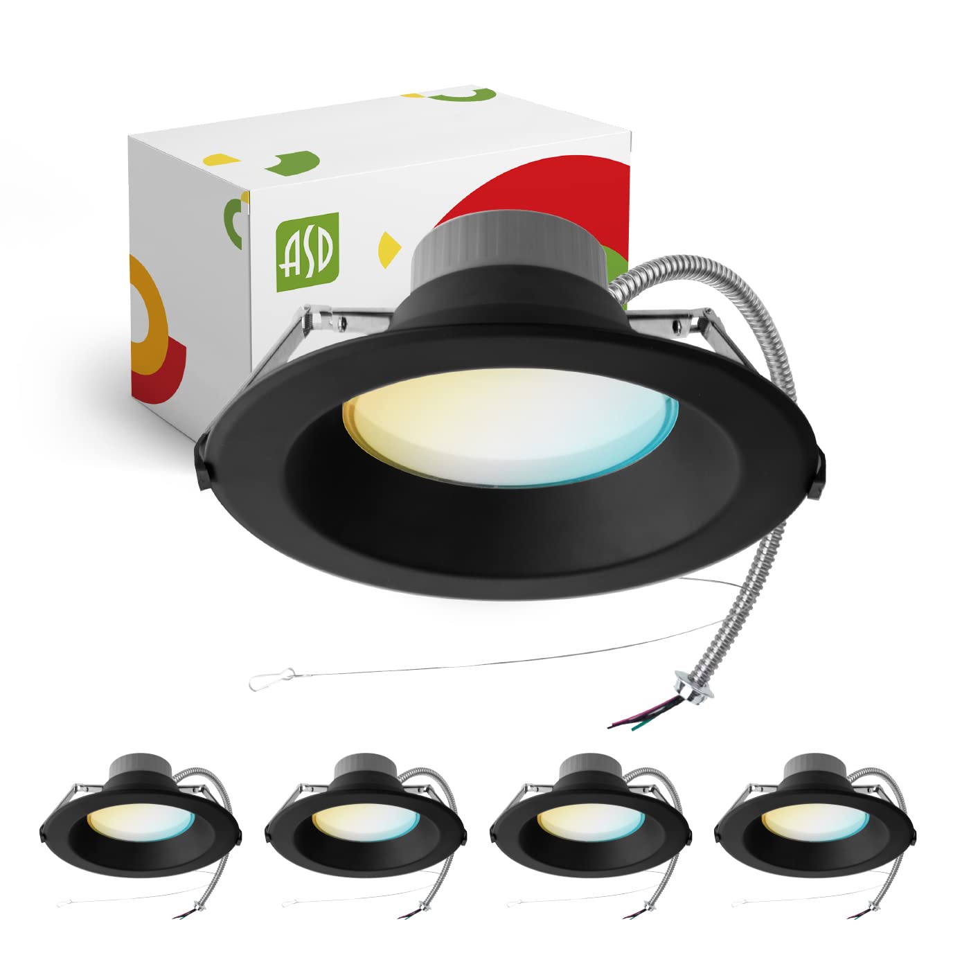 ASD 9/10 Inch LED Downlight, 20/30/40W Dimmable, IC Rated, 4 Pack, Aluminum Housing, 10 Inch Black