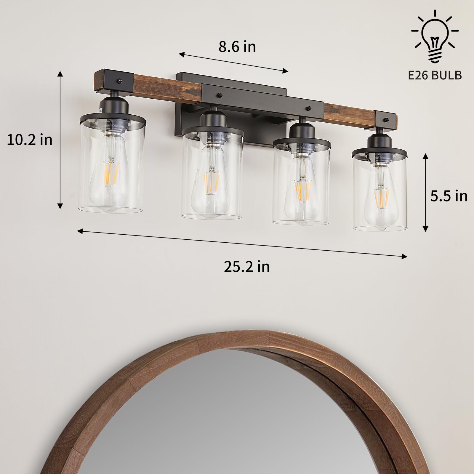 Feohak 3-Light Bathroom Vanity Light Fixture, Rustic Wood & Metal, Vintage Black, Clear Glass Shade, Model 70cd1d05-d28c-423e-8362-4