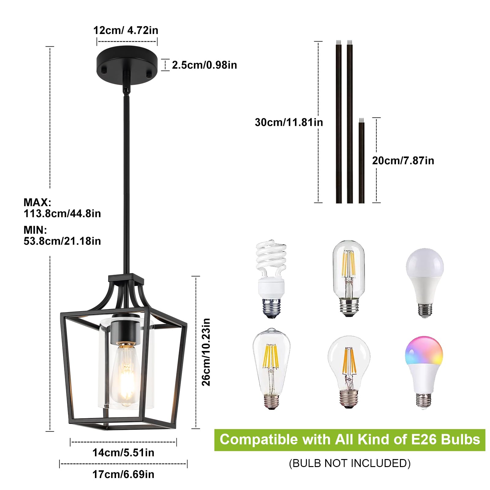 Foucasal Black Pendant Light Fixture Lantern With Clear Glass Shade, Adjustable Height Rods For Kitchen Island, Dining Room, Kit