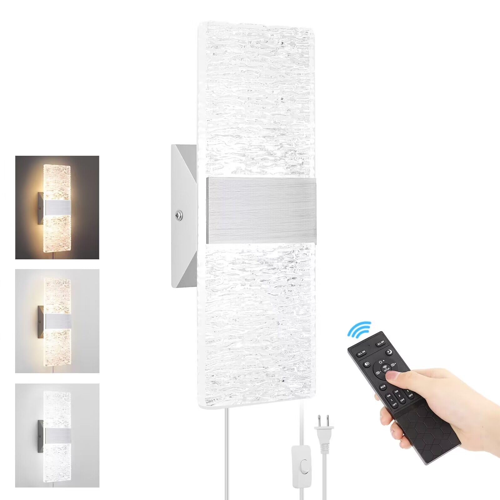 GOODATE Plug in Wall Sconces, Adjustable 3000K-6500K, 10%-100% Brightness, 12W LED, Set of 2, Acrylic, Silver,