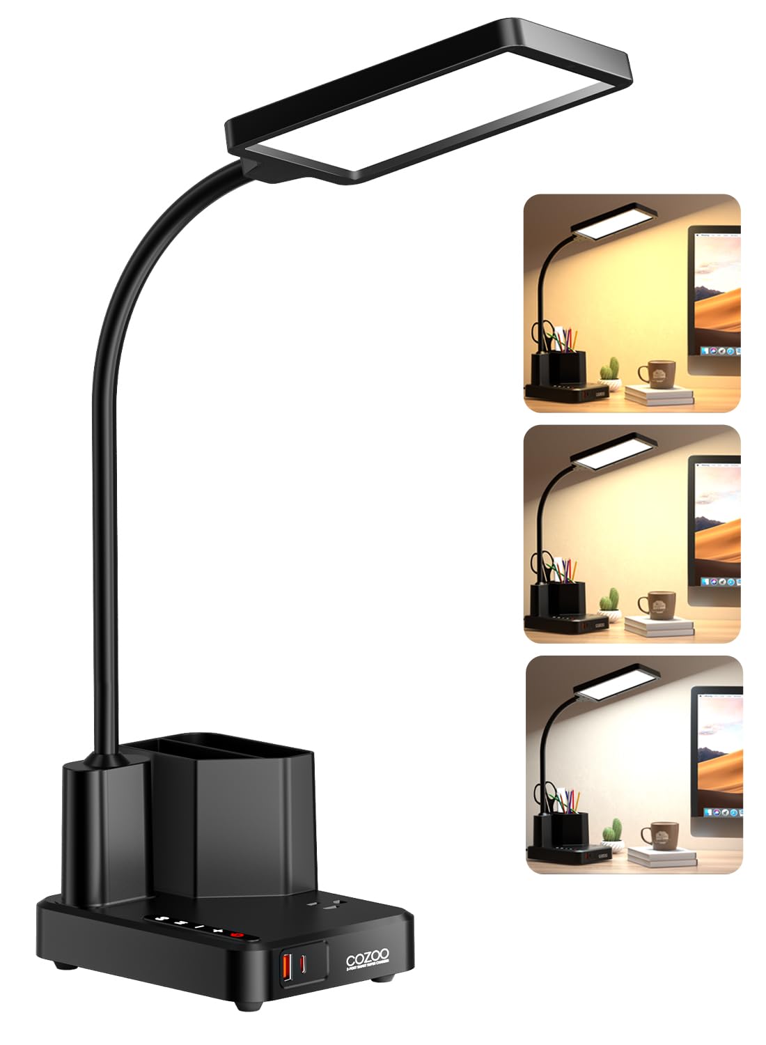 Desk Lamp, COZOO LED Desk Lamps for Home Office with USB Charging Port/Outlet/Organizer,Desk Lamp for College Dorm Eye-Caring St