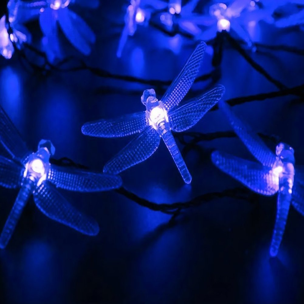 SEMILITS Solar String Light, 22Ft, 30 Crystal Dragonfly LEDs, Waterproof, Blue, Outdoor Fairy Lights for Patios, Homes, Gardens