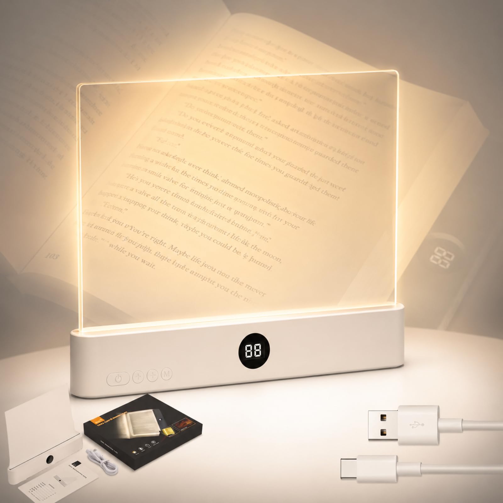 TWINPAIR LED Book Light for Reading, USB Rechargeable Flat Reading Lamp with Full Page Light, 3 Colors 2 in 1 Night Light, Dimmi