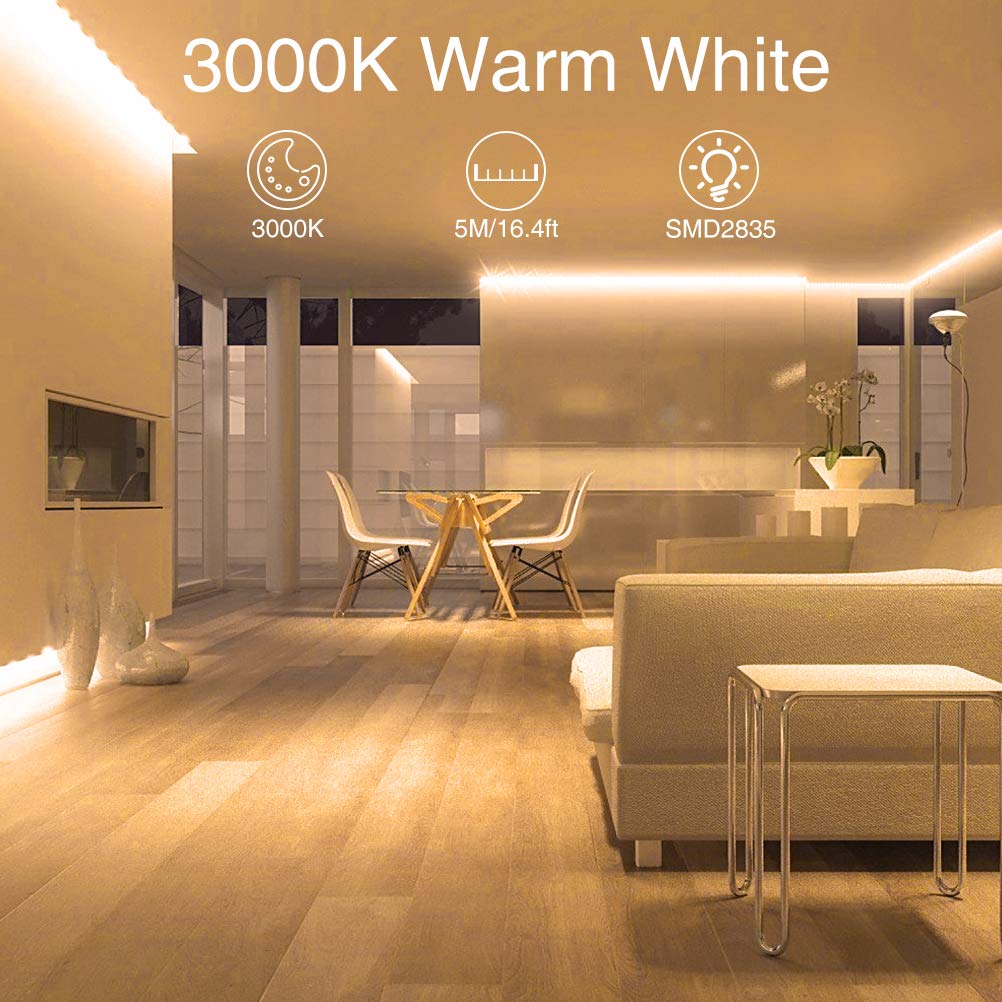 Onforu LED Strip Lights, 16.4ft Dimmable, Warm White, 3000K, 2835 LEDs, Flexible Tape Light for Home, Kitchen, Bedroom Decor, Model