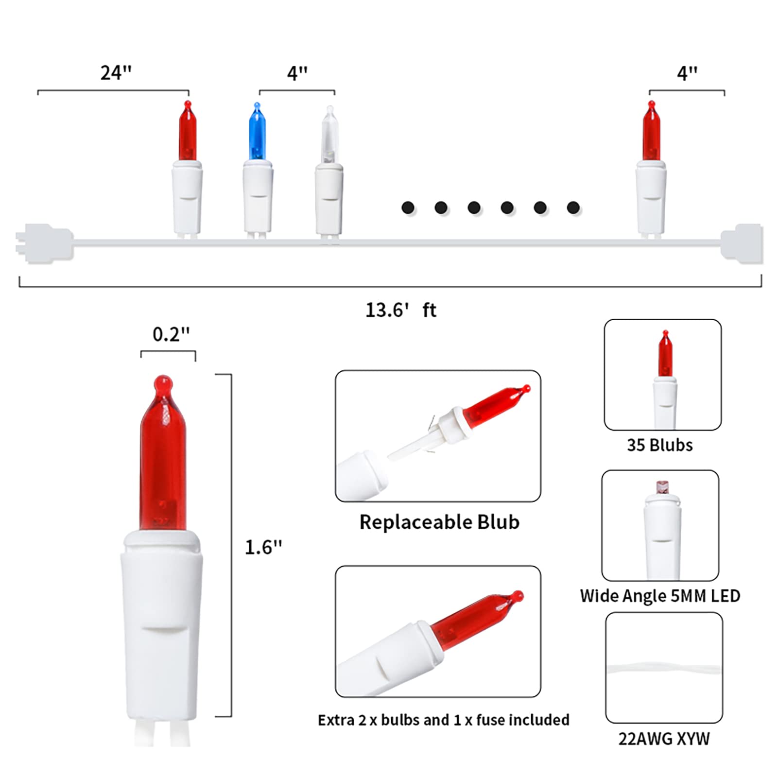 Multi-Sparking 4Th Of July Mini String Lights (11 Feet, 35 Count) - Red White & Blue Led Patriotic String Lights, Christmas Lights White Wire For Independence Day Decorations