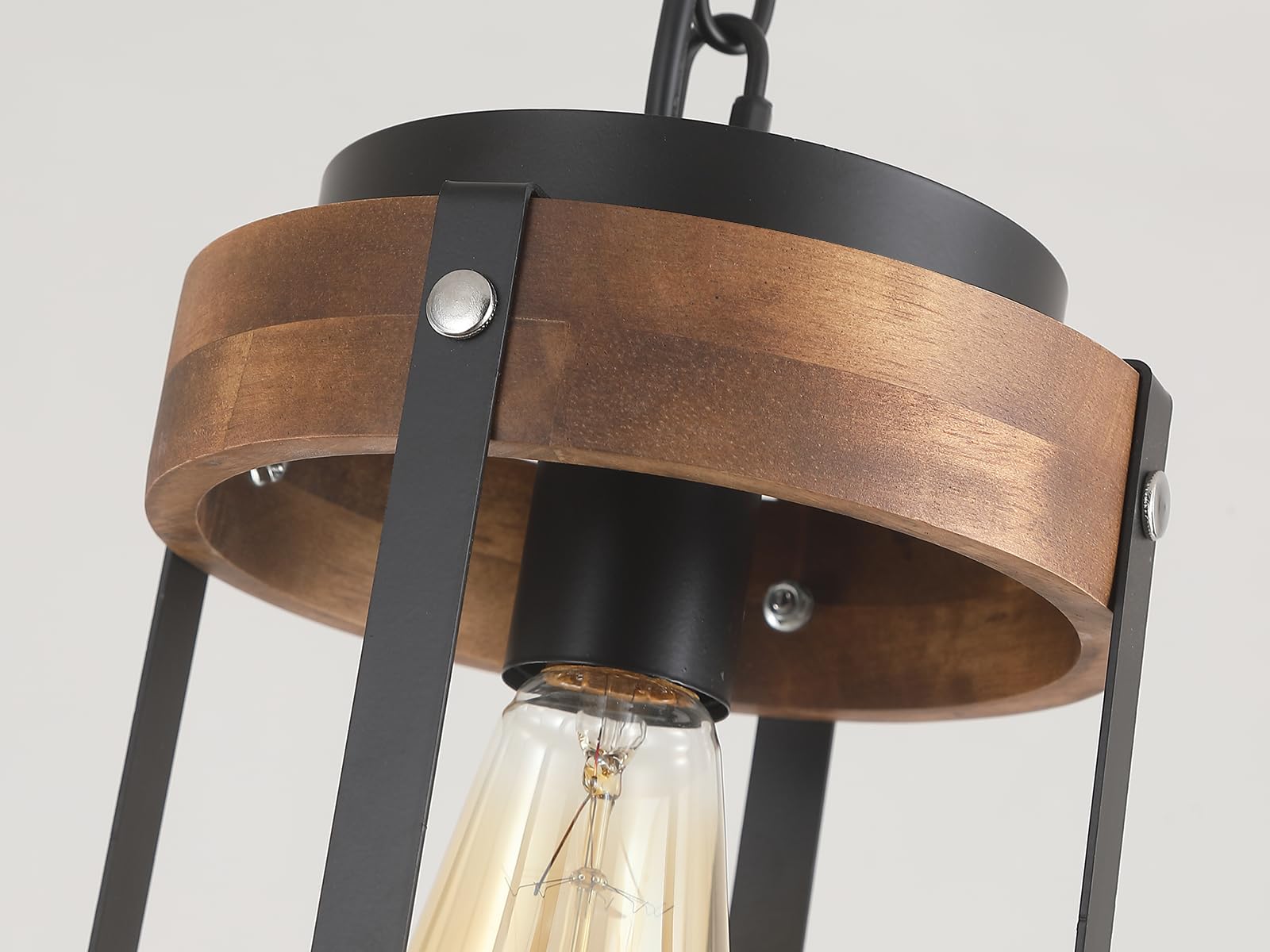 RKUCSR Rustic Farmhouse Wood Pendant Light Fixture, Small, Black, Model 6711-1, Adjustable Chain, Ideal for Kitchen Island and Hallway