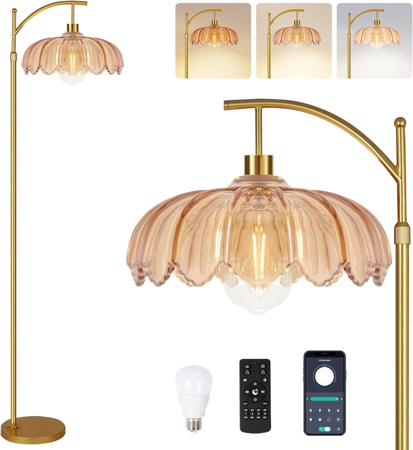 ILLMTW Gold Floor Lamp for Living Room,Bedroom,Mid Century Modern Standing Lamp with Remote,Dimmable Brass Tall Lamp Amber Glass