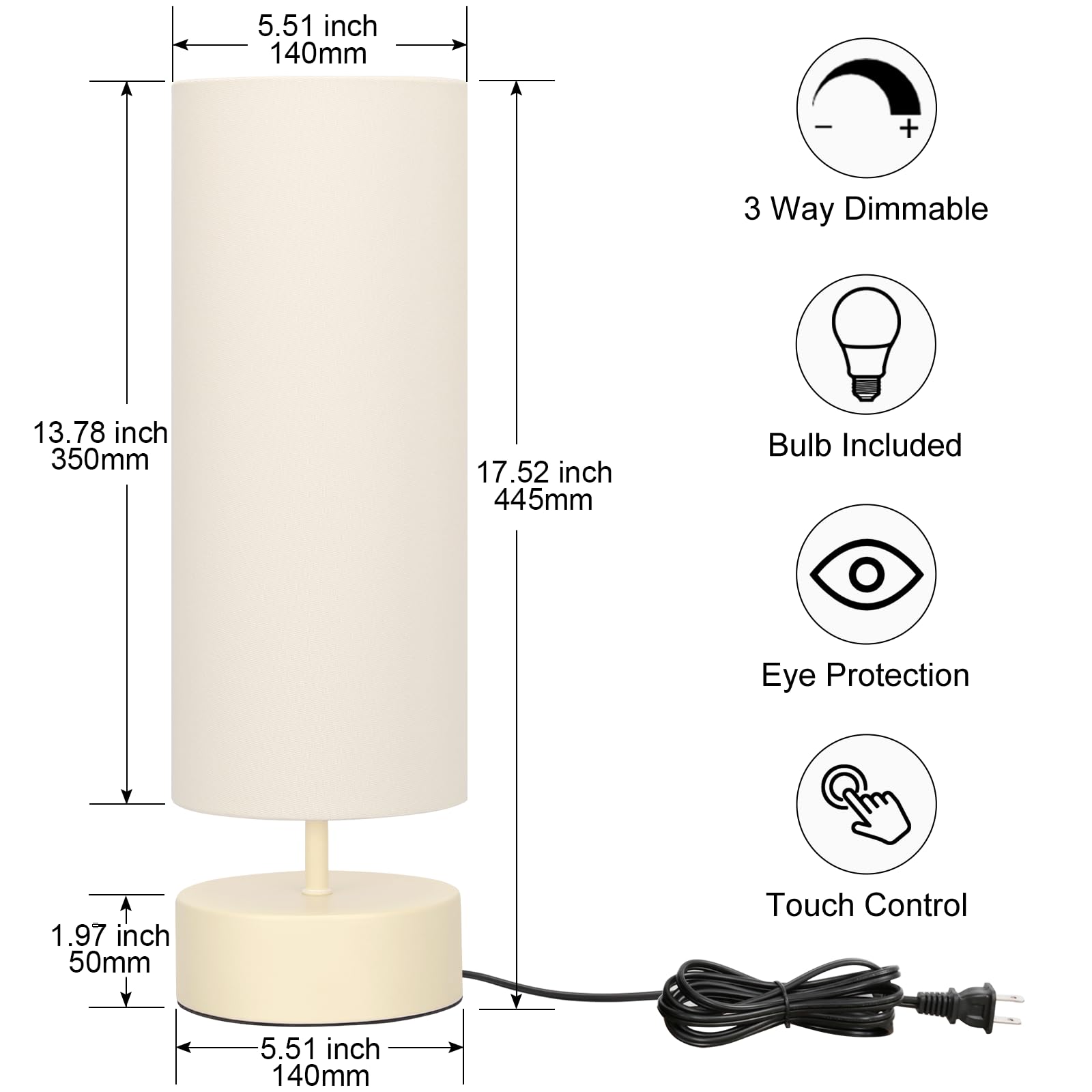 Touch Control Table Lamp, 3 Way Dimmable Bedside Table Lamp With Cream Base, Simple Nightstand Lamp With Beige Shade, Modern Nig