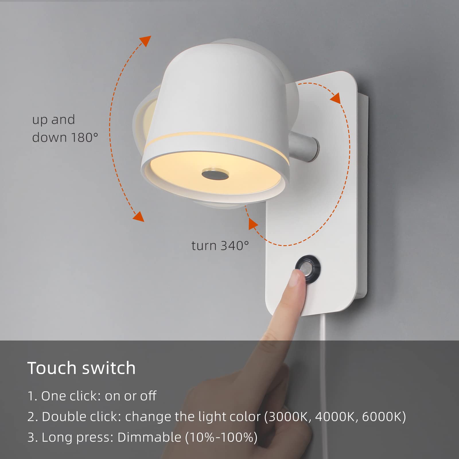 Aisilan Led Plug In Wall Sconce With Touch Dimmable Control Adjustable Wall Mounted Lamp Angle Anti-Glare Matte White Aluminum B