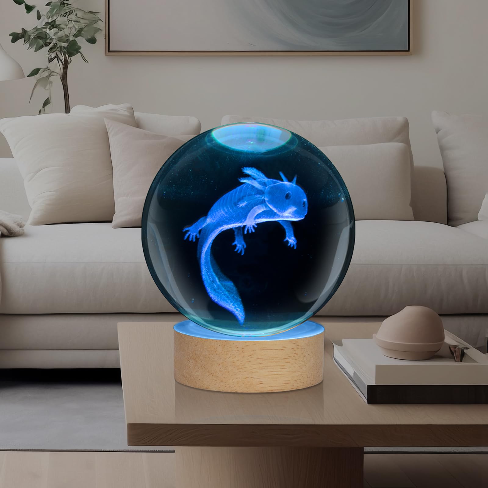 CULDETHA Axolotl Lamp,3D K9 Axolotl Crystal Ball lamp,3.15 inch Glass Ball Axolotl Light,Gamepad Axolotl lamp with Wooden Base,B