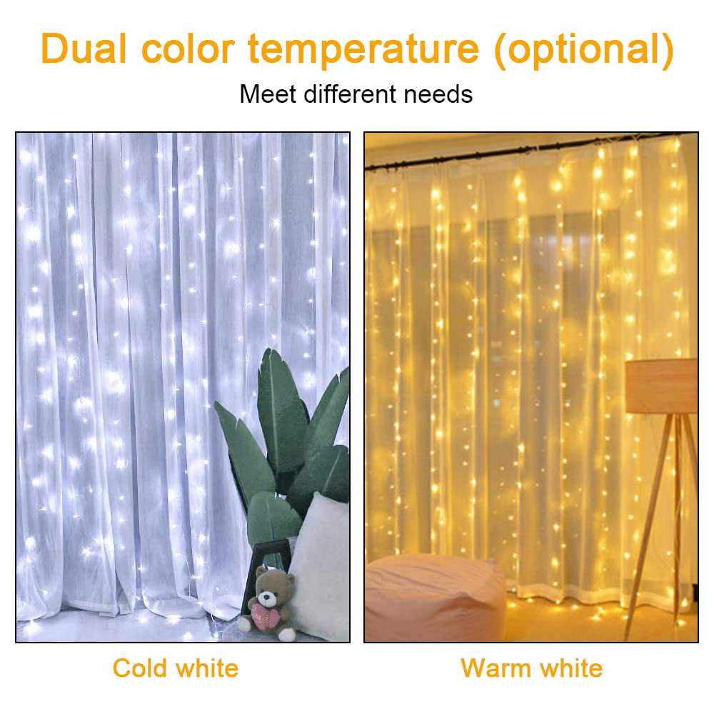 Vicloon Fairy Curtain Lights, 300 LED, 8 Modes, 9.8x9.8Ft, Waterproof, USB & Battery Powered, White 2 in 1, Model