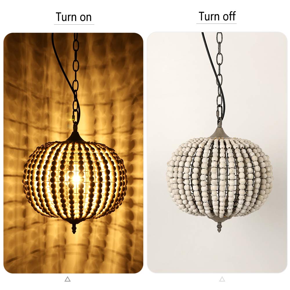 Newrays Wood Bead Chandelier Pendant Bohemian Boho Beachy Ceiling Lamp Light Fixtures (Gray White-Globe, 11.81 In*14.56 In)
