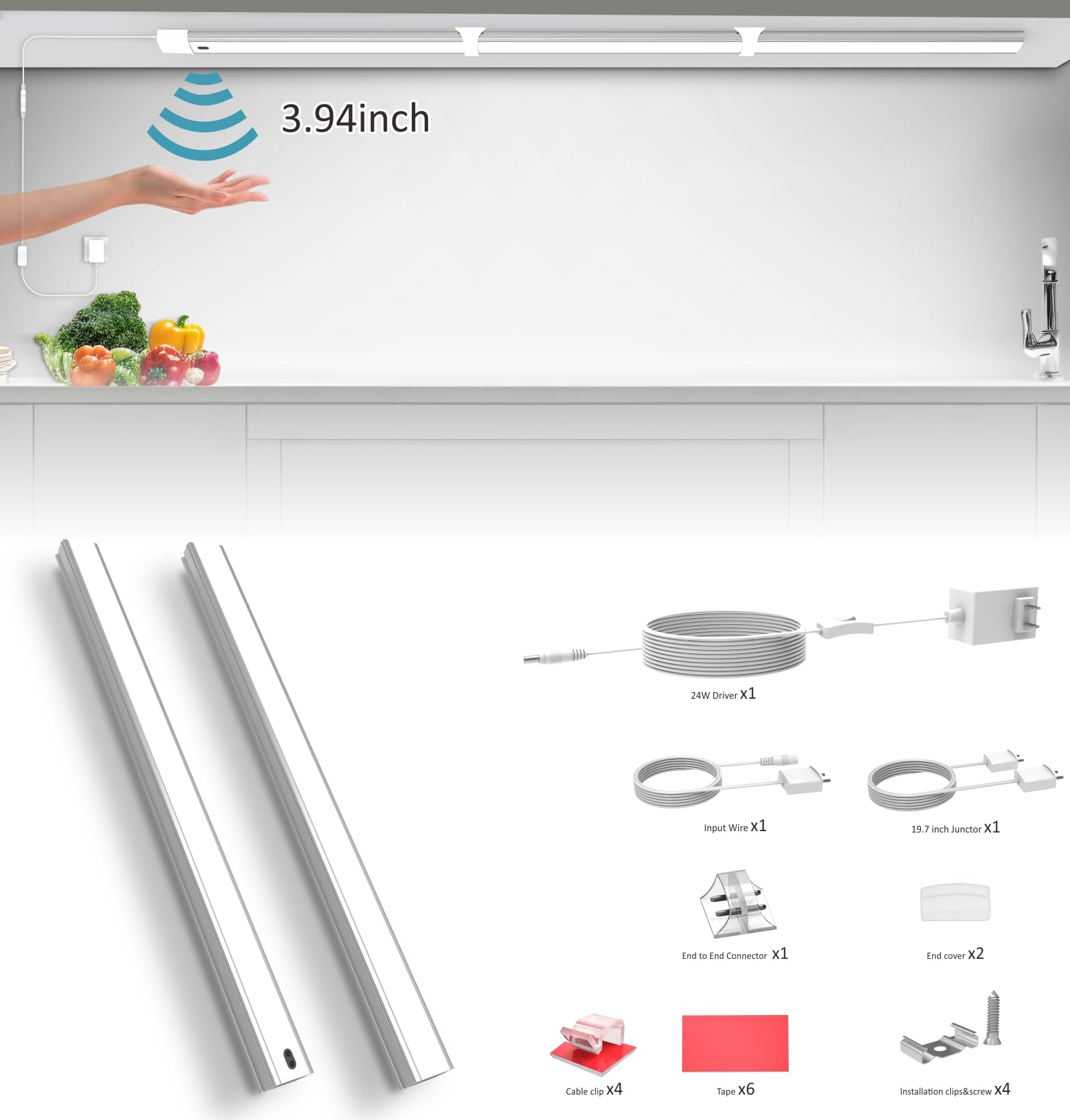 Leetdud Motion Activated Under Cabinet Lights Plug In,16 Inch 2 Pcs Hand Wave Motion Sensor On/Off Dimmable, Ultra Thin 4000K Li