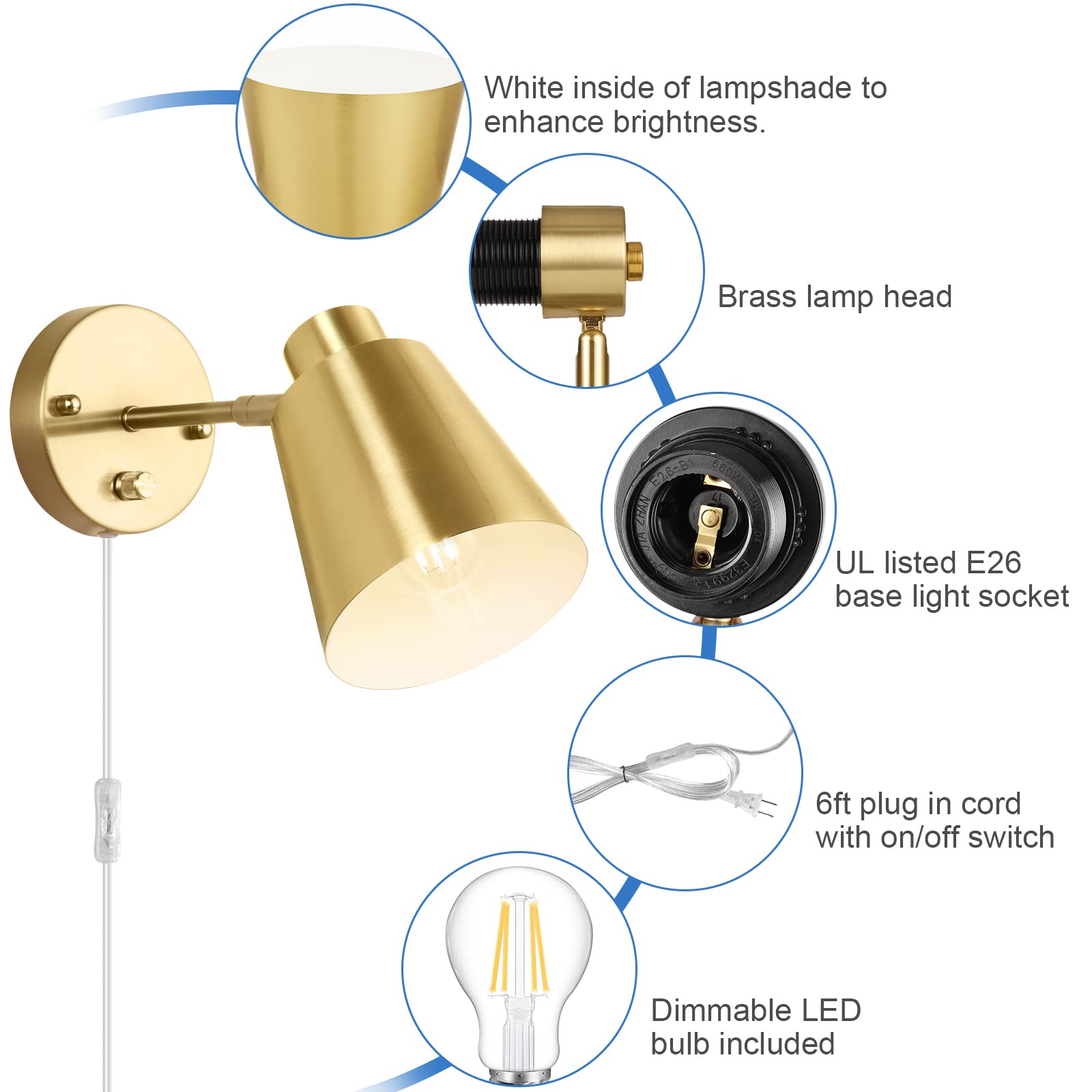 Vatoni Dimmable Gold Wall Sconces, Adjustable Angle Plug-In Lights, 2 Pack With Bulbs