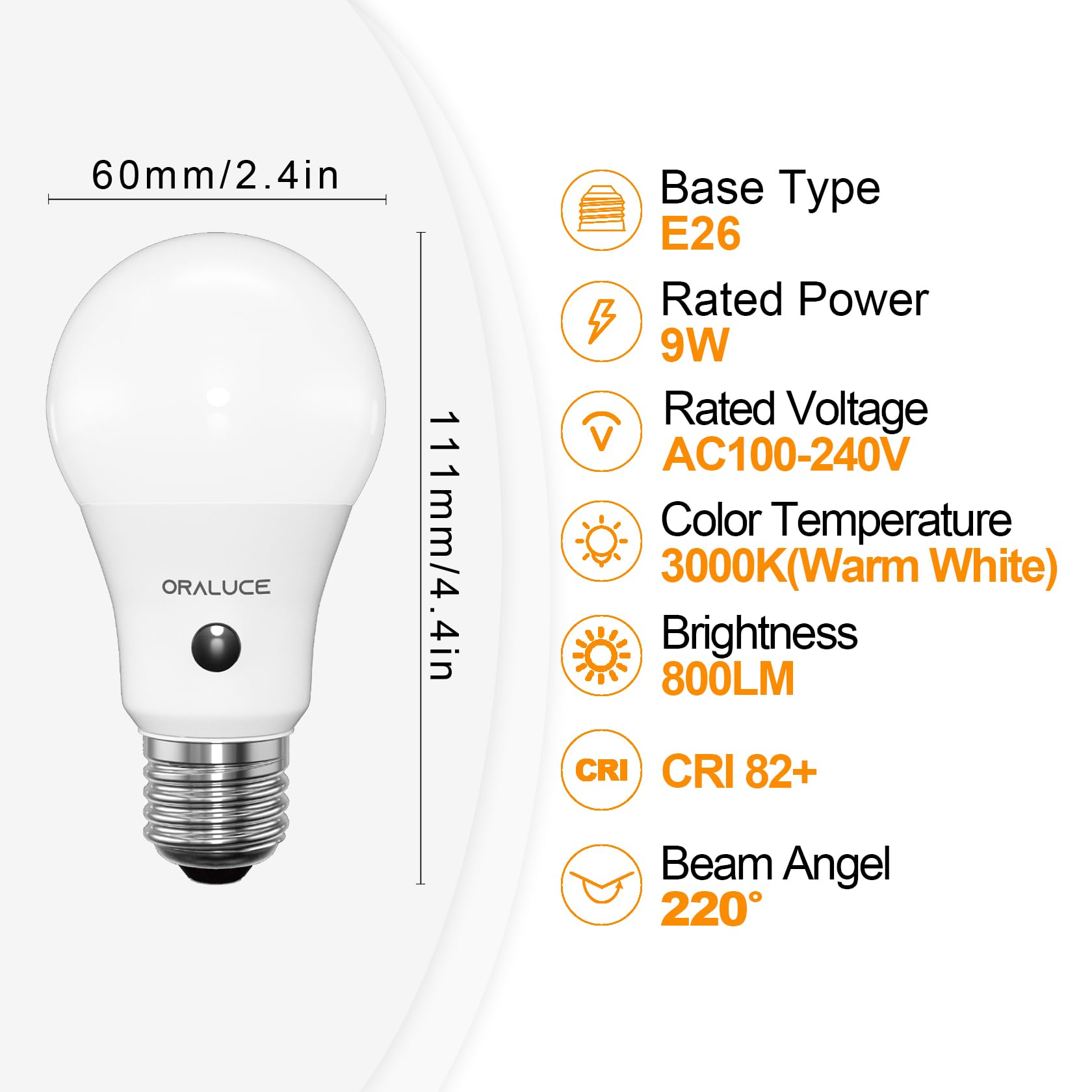 ORALUCE Dusk to Dawn LED Outdoor Light Bulb, Warm White 3000K, E26 Base, 60W Equivalent, 4 Count