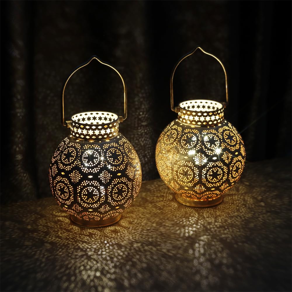 TRIROCKS Moroccan Decorative Lamps Set of 2, 7in  High, Battery Powered, Metal, White, Model 9173-R, Indoor/Outdoor Tabletop Lights