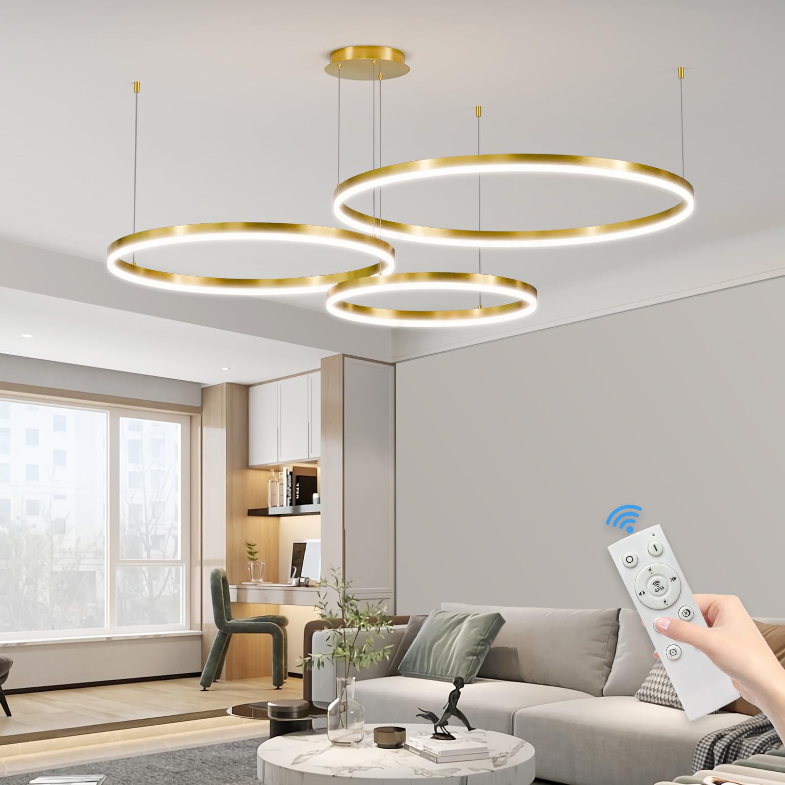 Matven Dimmable Desk Linear Pendant Light, 15.7+23.6+31.4in, Gold, Acrylic, Remote Control, 3 Color Modes, Model KD-YX