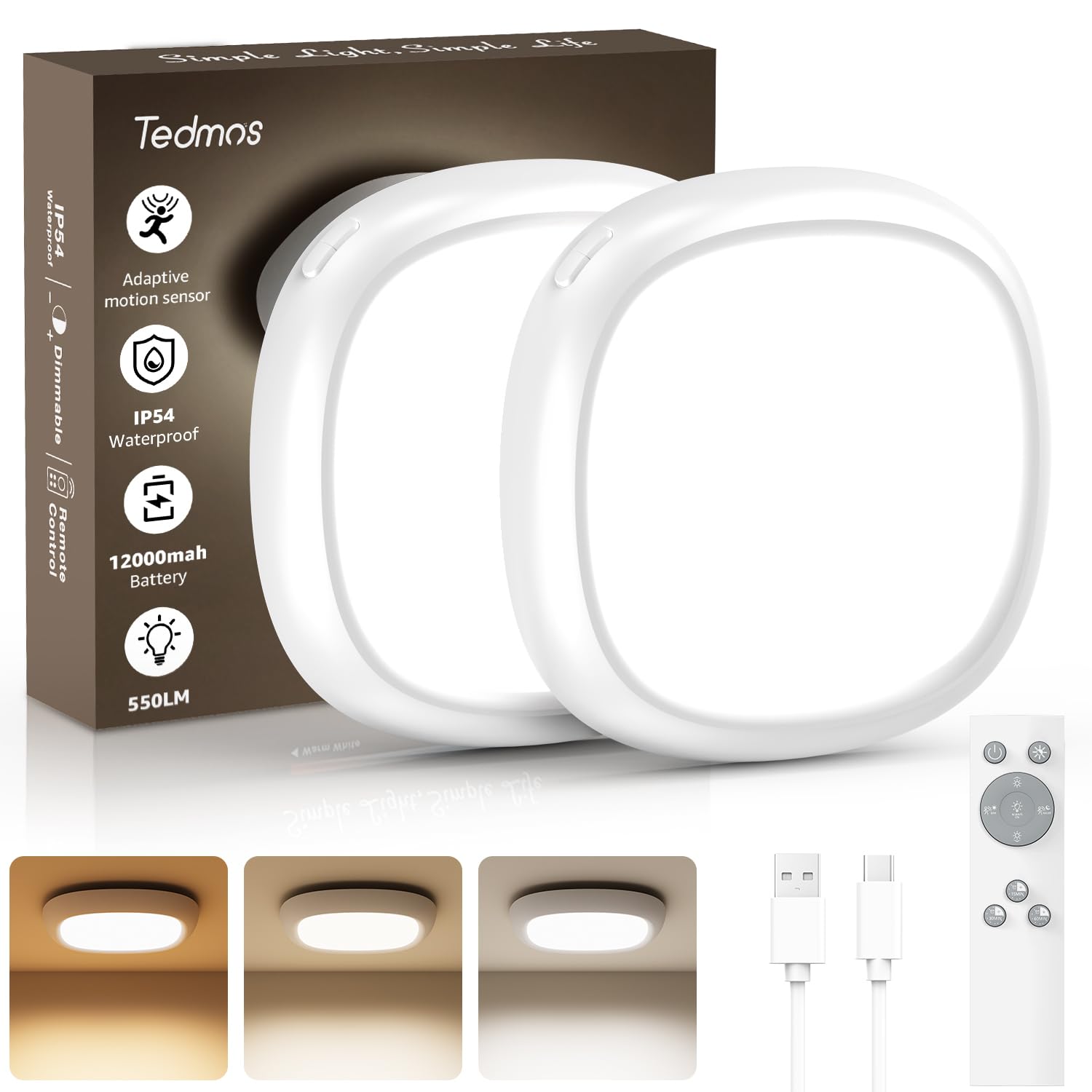 Tedmos 2 Pack Rechargeable Motion Sensor Shower Lights, Wireless Ceiling Light, Battery Operated, White, Model 0ce059d3-37e5-4d09-baed-d230