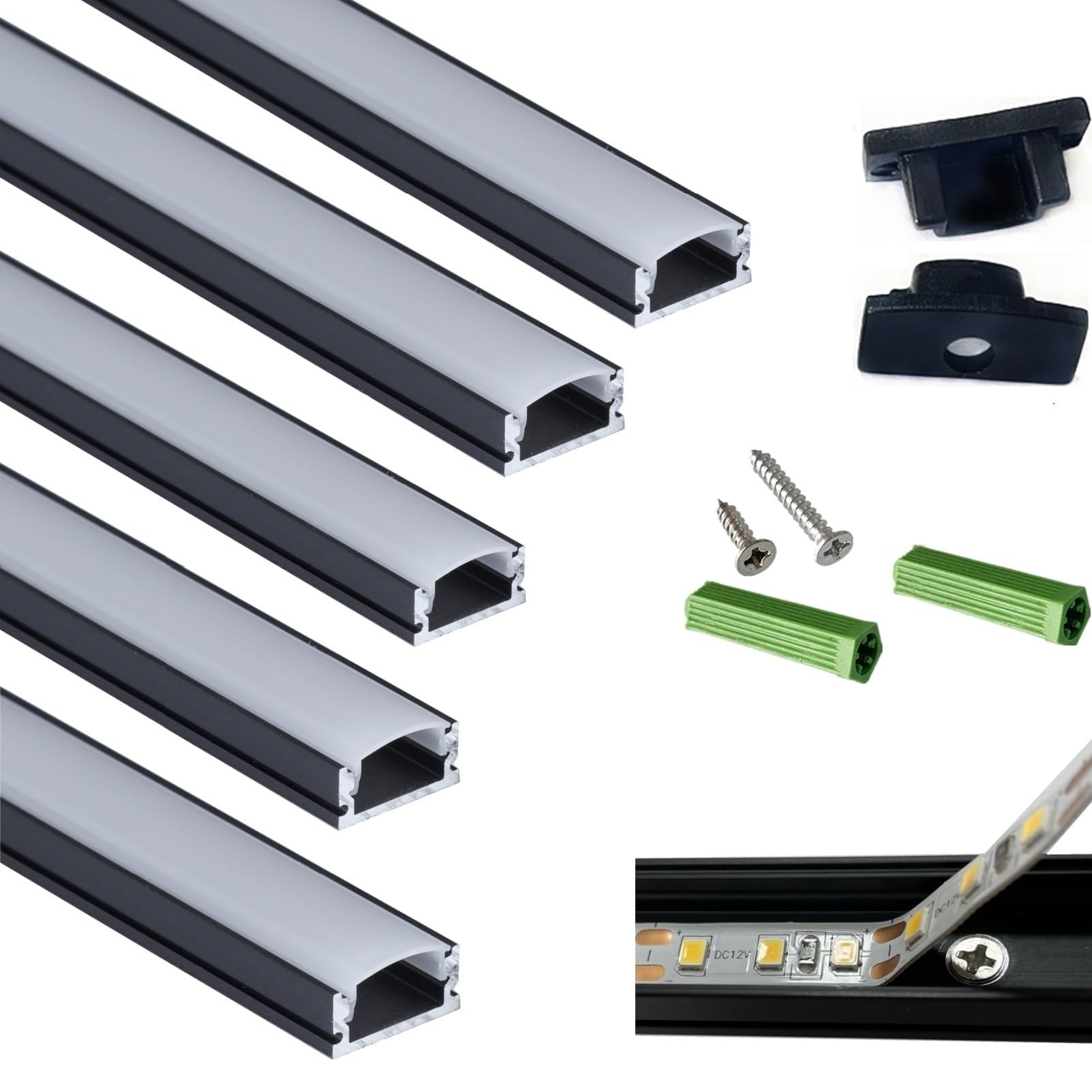 THMOOTHER 5-Pack 3.28FT Pre-Drilled Countersunk Hole LED Strip U Channel Diffuser, Matte Black Flush Mounted Under Cabinet Tape Light Aluminum Low Profile with Milky Cover (5, 3.28FT)