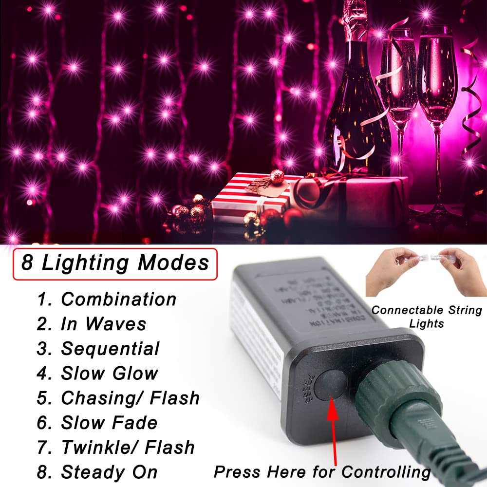 Pooqla 66ft 200 LED Pink String Lights, Clear Wire, Indoor Outdoor, 8 Modes, Model LR-(1-1000) L-SL02