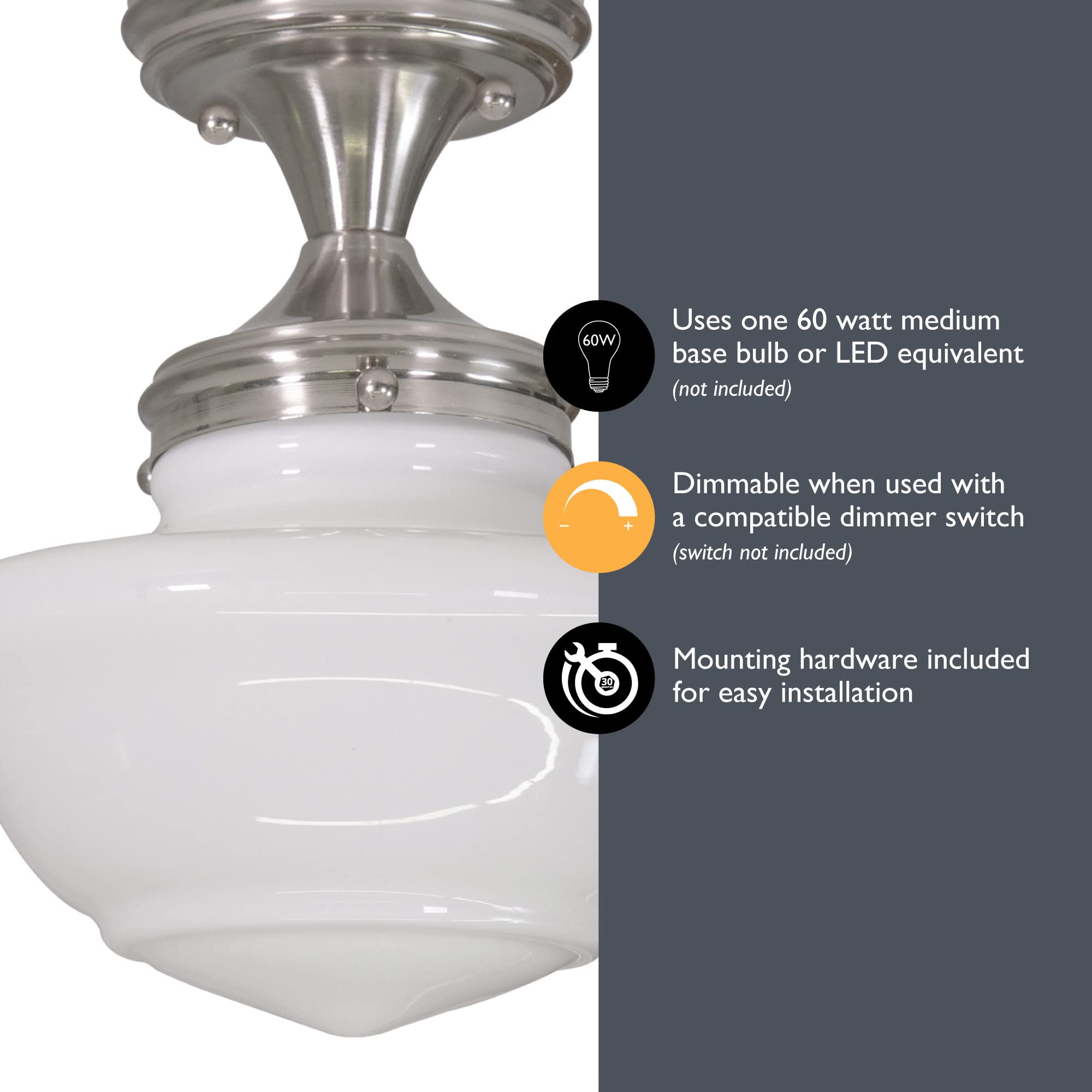 Design House Vintage-Inspired Semi-Flush Mount Ceiling Light, 9x9x10 in, Satin Nickel, White Glass Shade, Model 577494