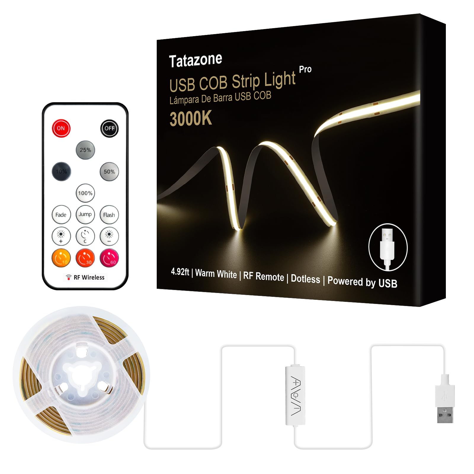 Tatazone 5V USB COB Led Band Light with RF Remote  4.92ft 3000K Dimmable USB Powered COB Led Light Band  Indoor COB Led Light for Cabinet  TV  Camping  Monitor  Showcase  Motorhome
