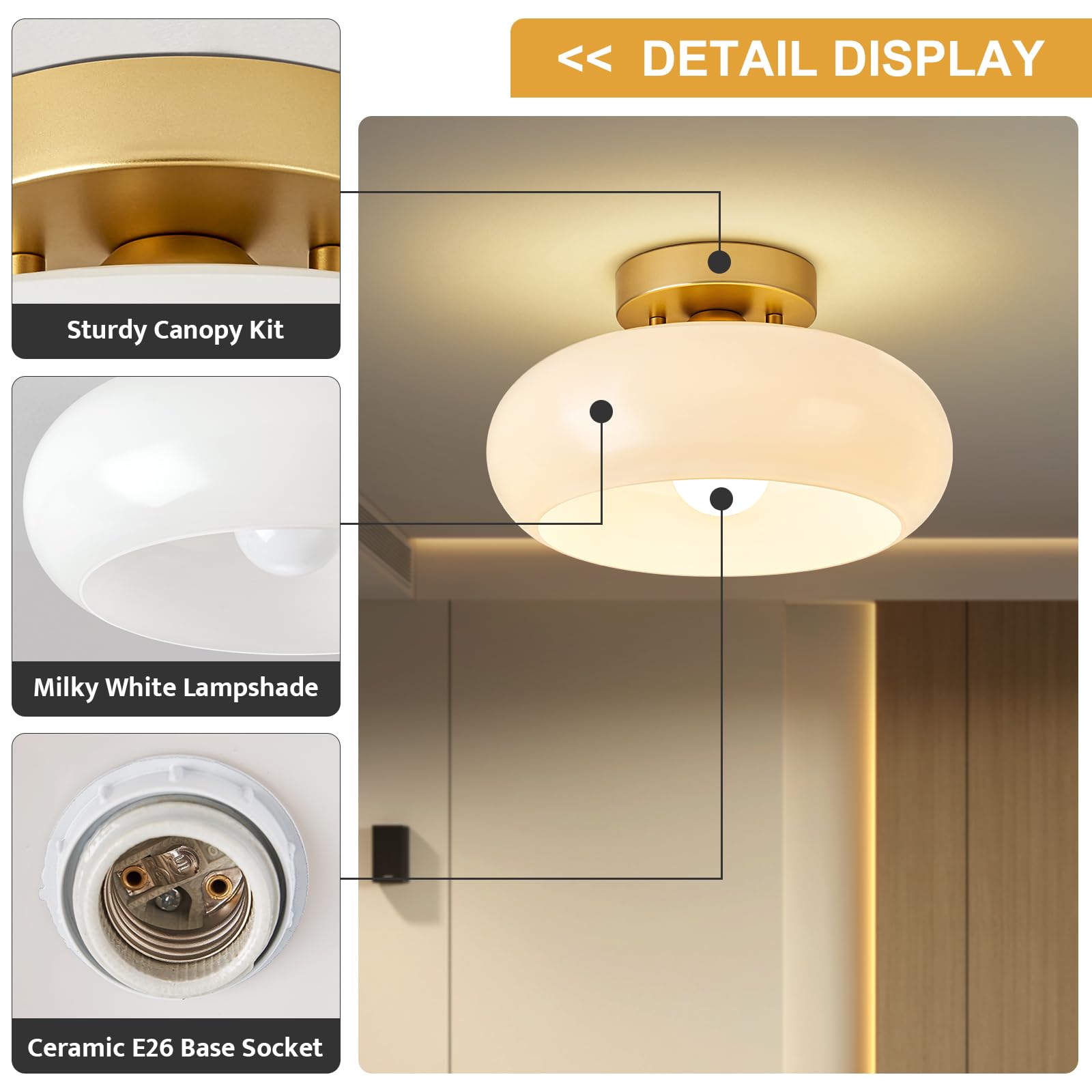 Mid-Century Modern Gold Semi Flush Mount Ceiling Light,White Glass Dome Hallway Lighting Fixtures, Metal Close To Ceiling Lamp F