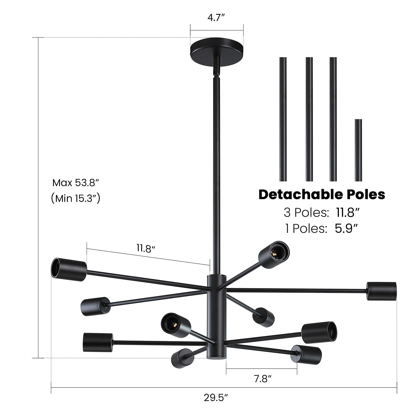 RUIYEY Modern Sputnik 10-Light Chandelier, Adjustable Black Ceiling Fixture for Dining Room, Kitchen Island, Living Room
