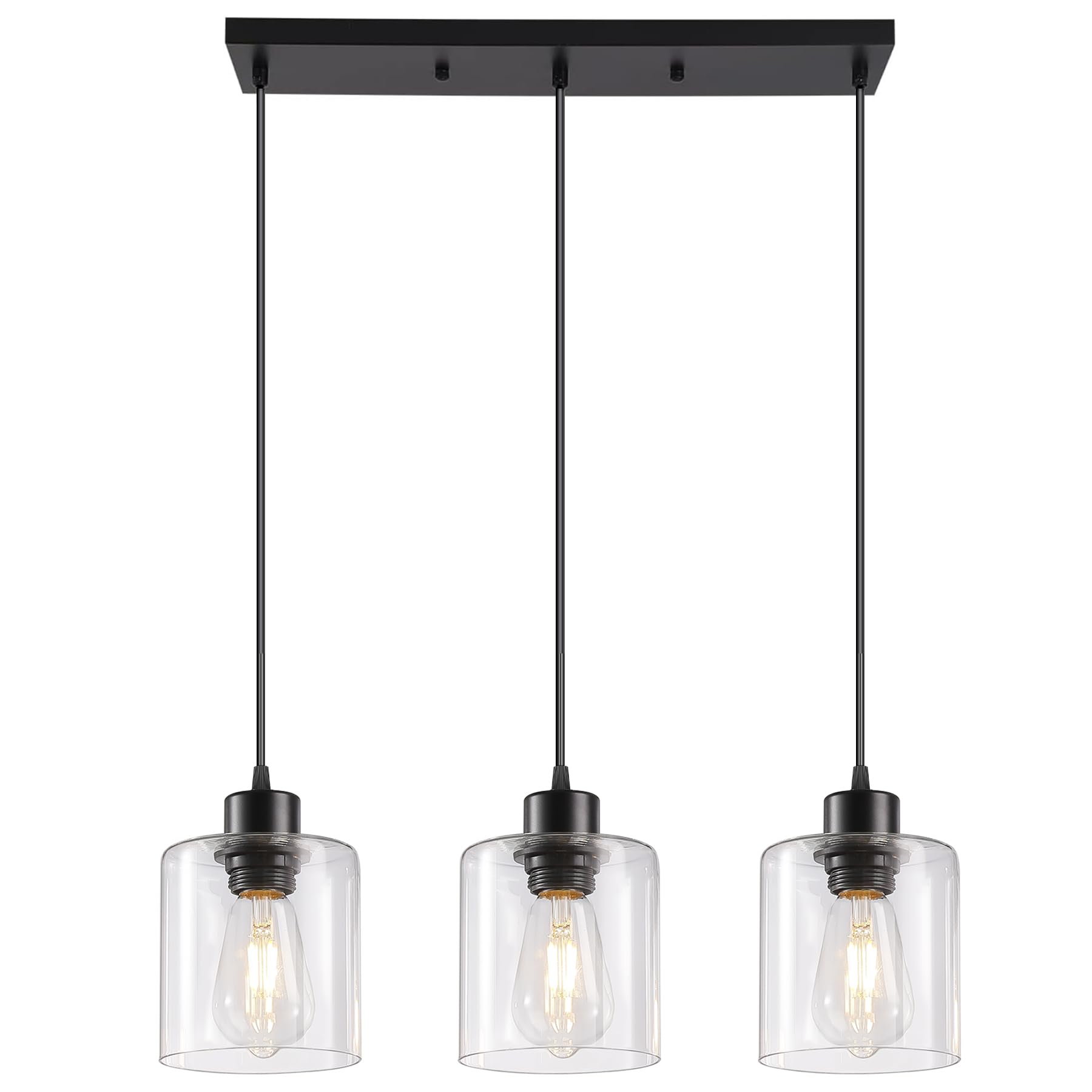 Rocunsi 3-Light Pendant Light Fixtures With Clear Glass, Black Hanging Light Fixture For Ceiling, Adjustable Kitchen Island Ligh