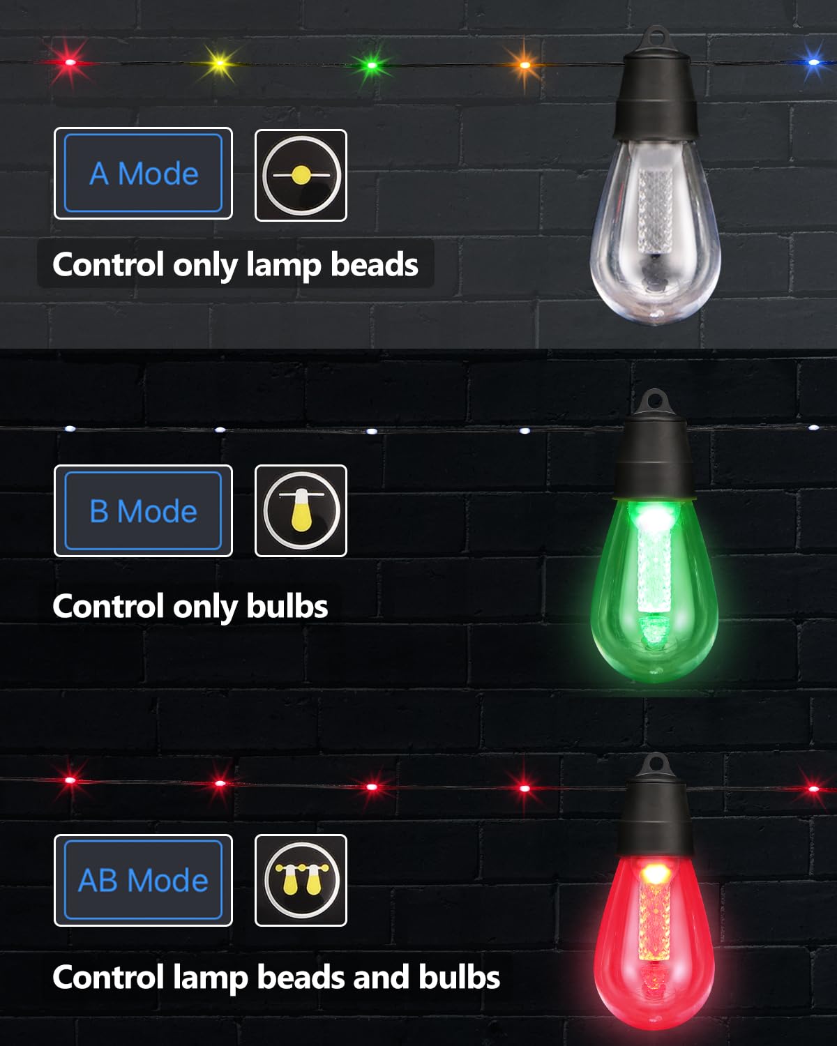Flacchi Smart S14 Outdoor Patio Lights - 46ft Waterproof Bluetooth RGB & Warm White String Lights for Parties and Holidays