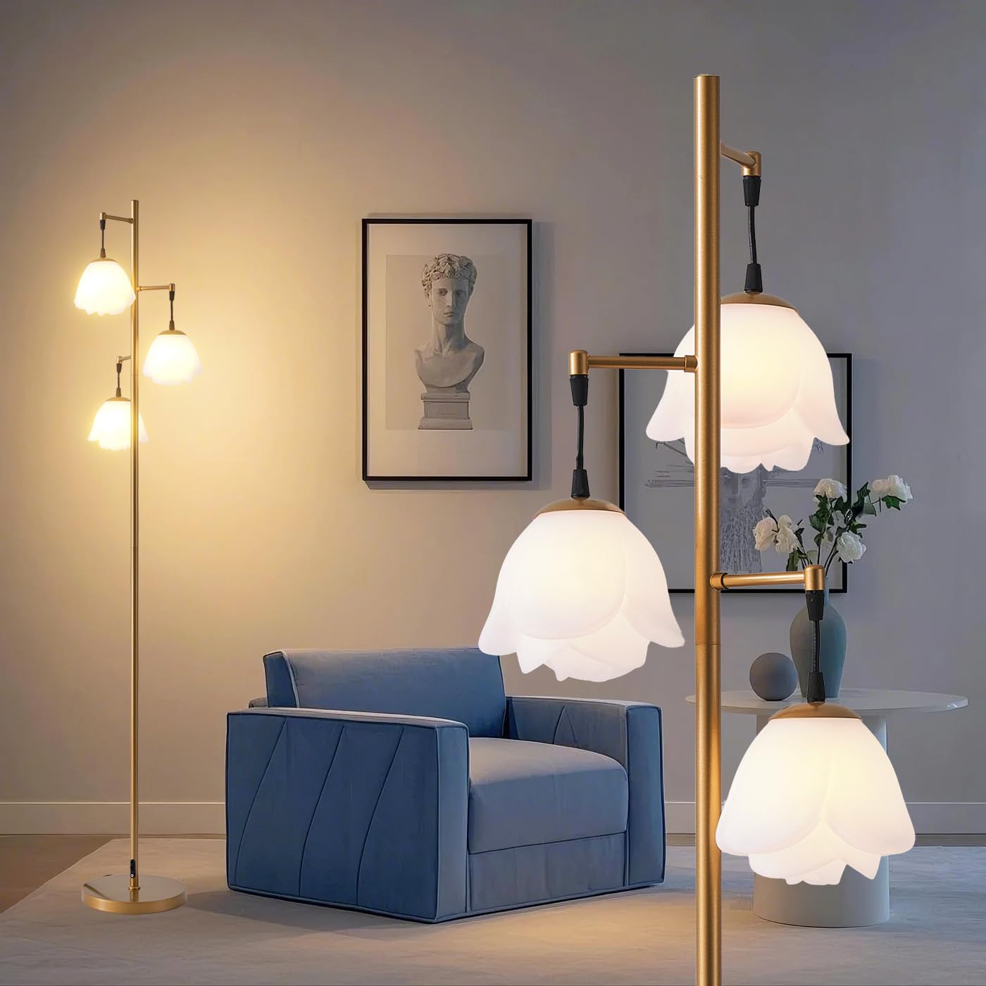 Fiqevs Mid Century Modern Floor Lamp, 3-Light Flower Tree Standing Lamp with LED Bulbs, Art Decor Vintage Tall Lamp for Living R